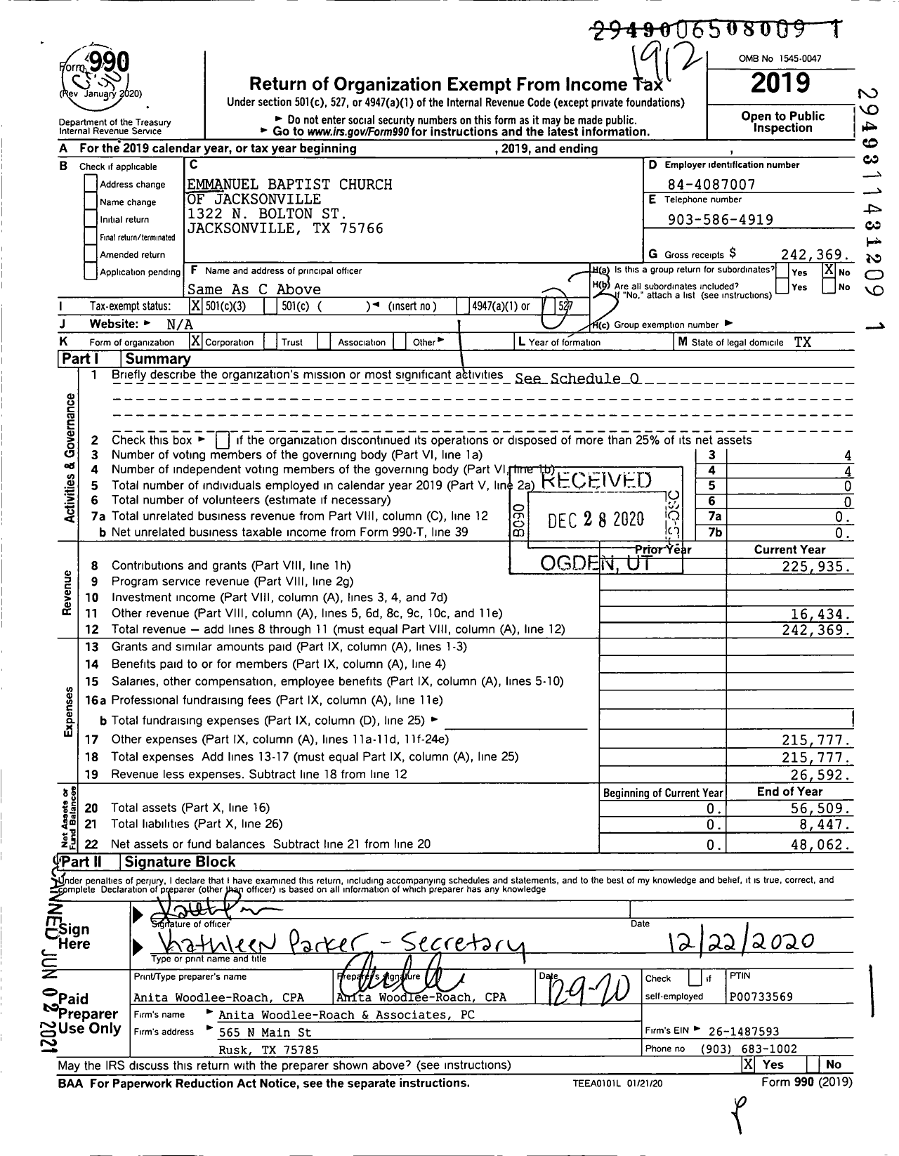 Image of first page of 2019 Form 990 for Emmanuel Baptist Church of Jacksonville