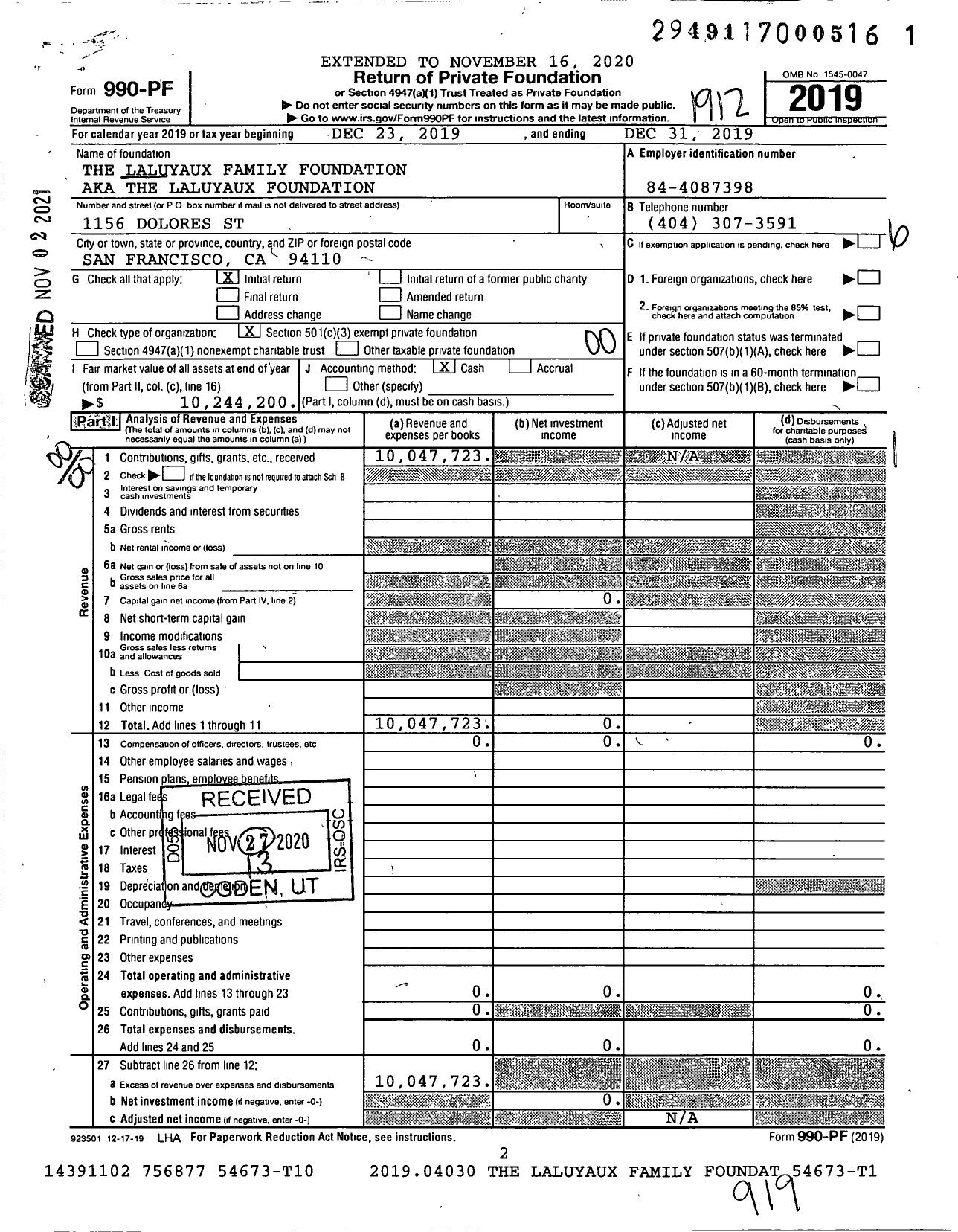 Image of first page of 2019 Form 990PF for The Laluyaux Foundation