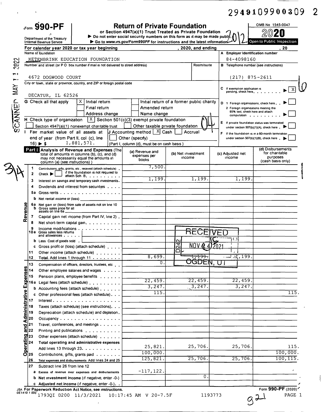 Image of first page of 2020 Form 990PF for Ketenbrink Education Foundation