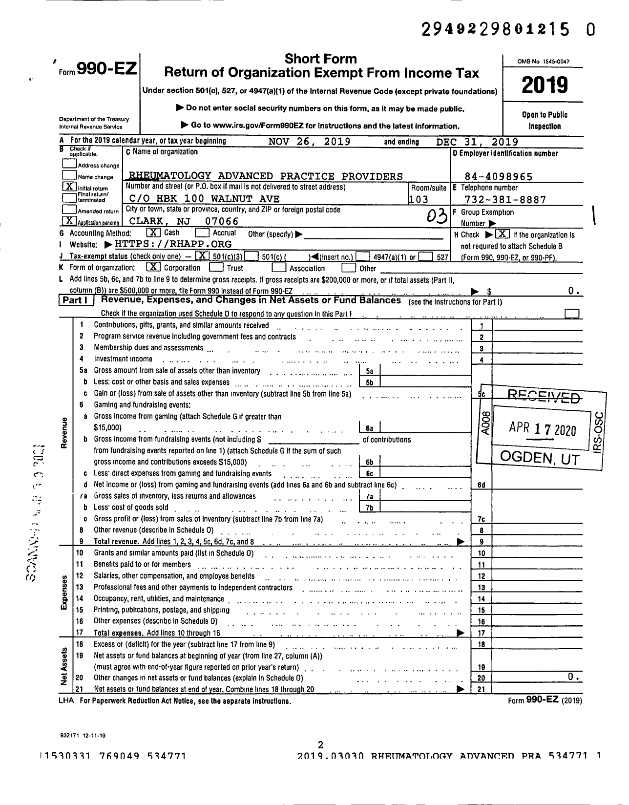 Image of first page of 2019 Form 990EZ for Rheumatology Advanced Practice Providers (RHAPP)