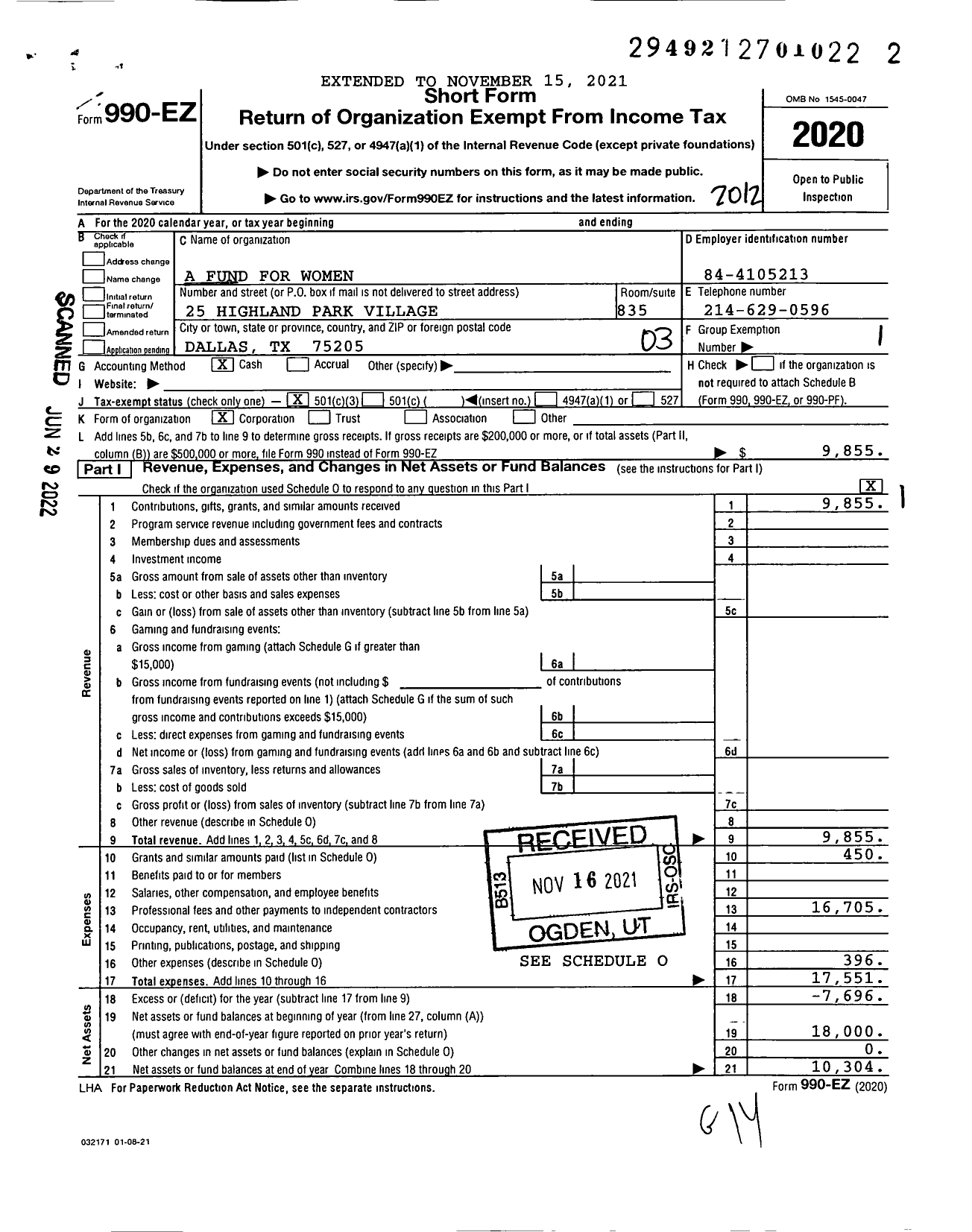 Image of first page of 2020 Form 990EZ for A Fund for Women