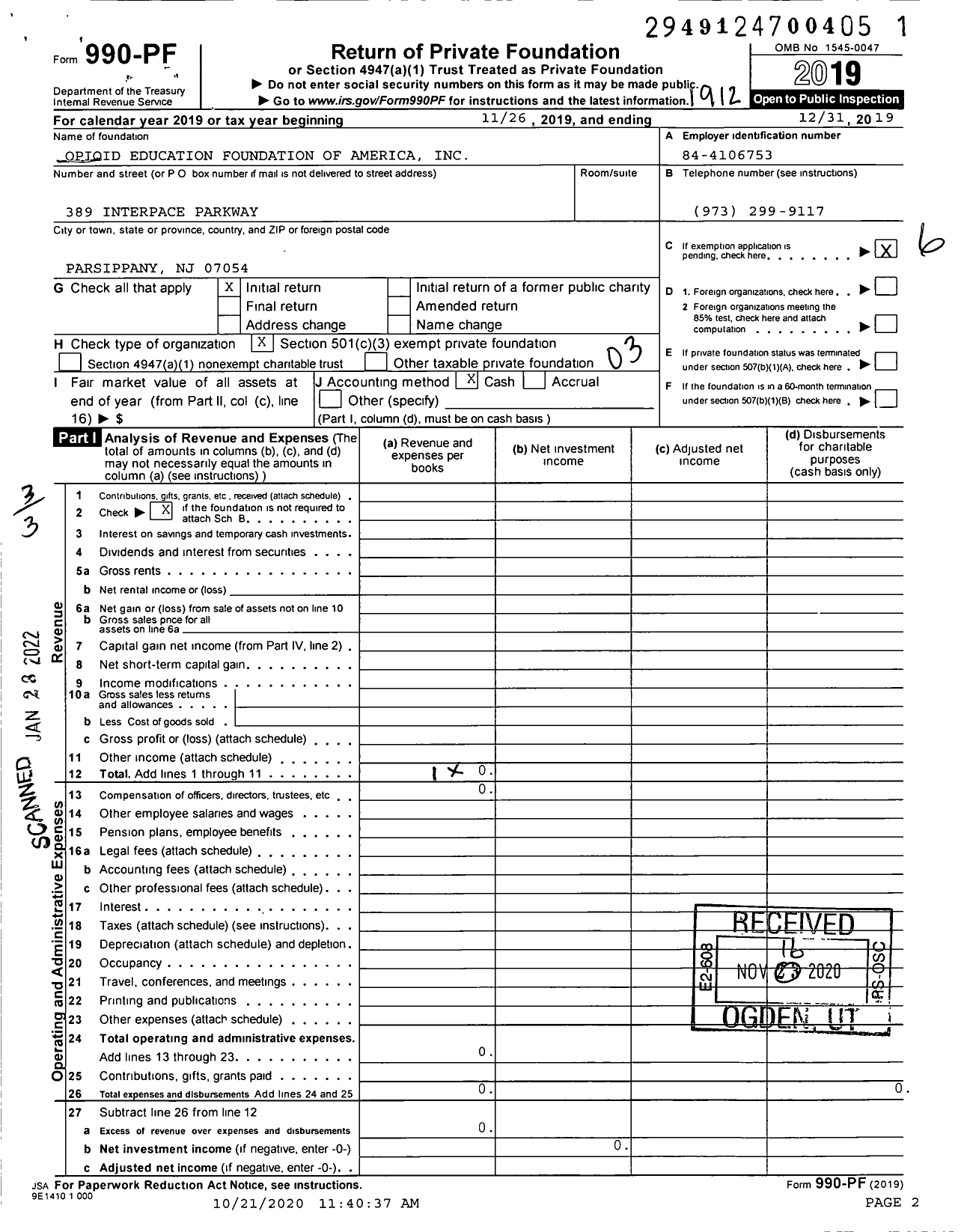 Image of first page of 2019 Form 990PF for Opioid Education Foundation of America