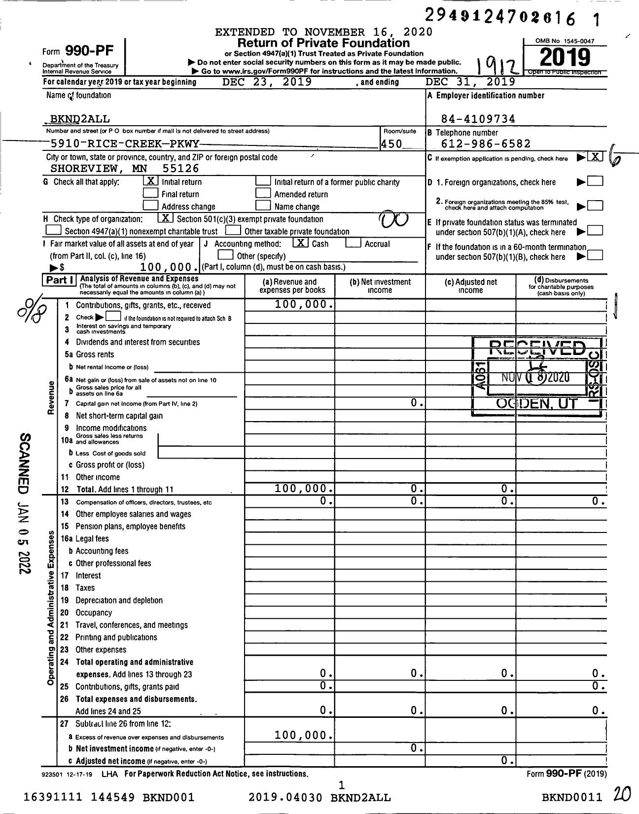 Image of first page of 2019 Form 990PF for Bknd2all