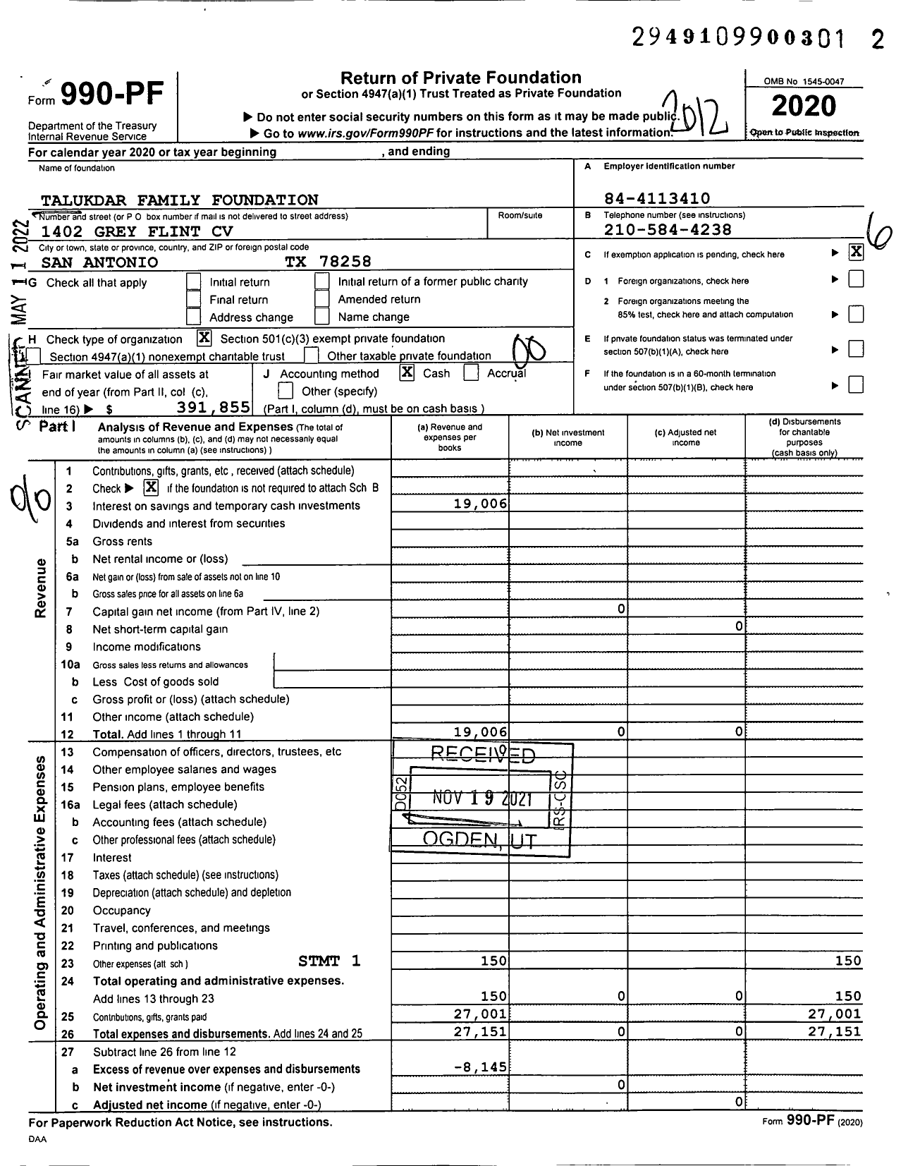 Image of first page of 2020 Form 990PF for Talukdar Family Foundation