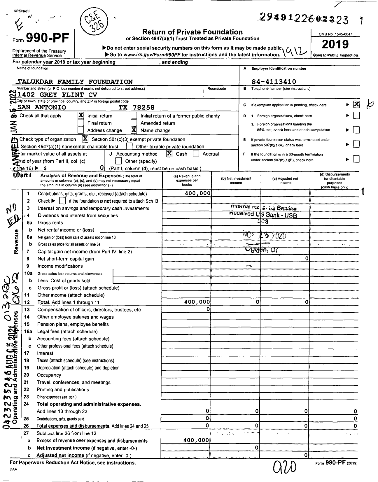 Image of first page of 2019 Form 990PF for Talukdar Family Foundation