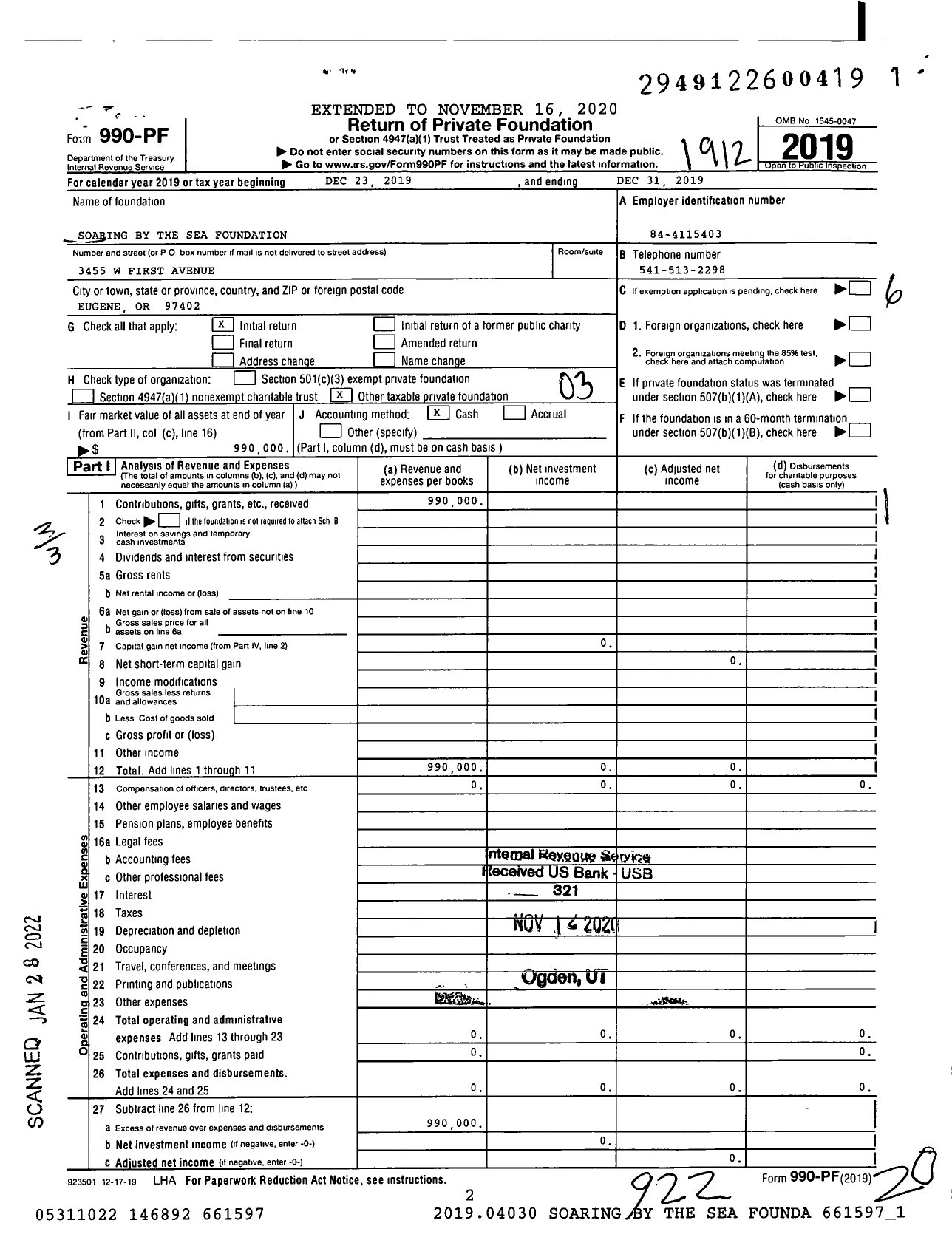 Image of first page of 2019 Form 990PF for Soaring By the Sea Foundation