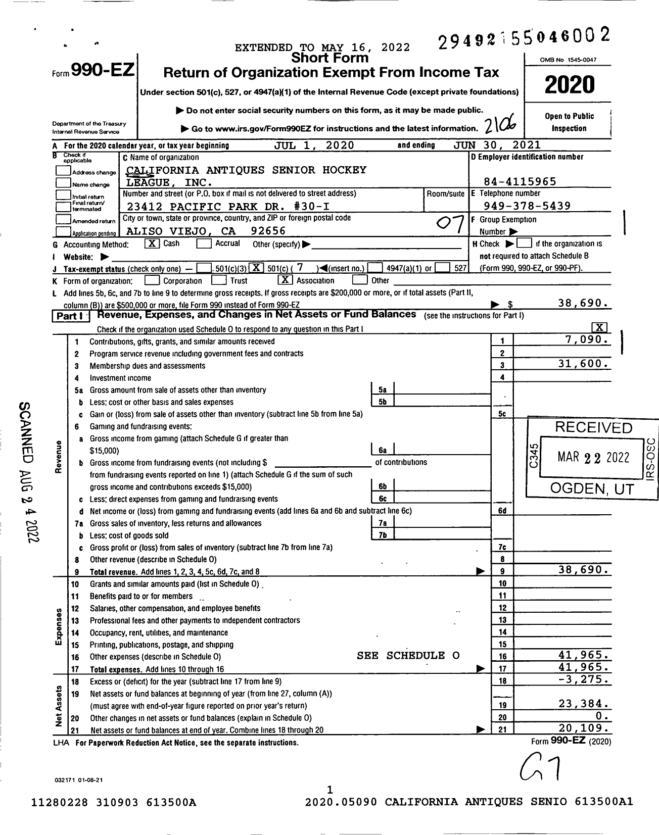 Image of first page of 2020 Form 990EO for California Antiques Senior Hockey League