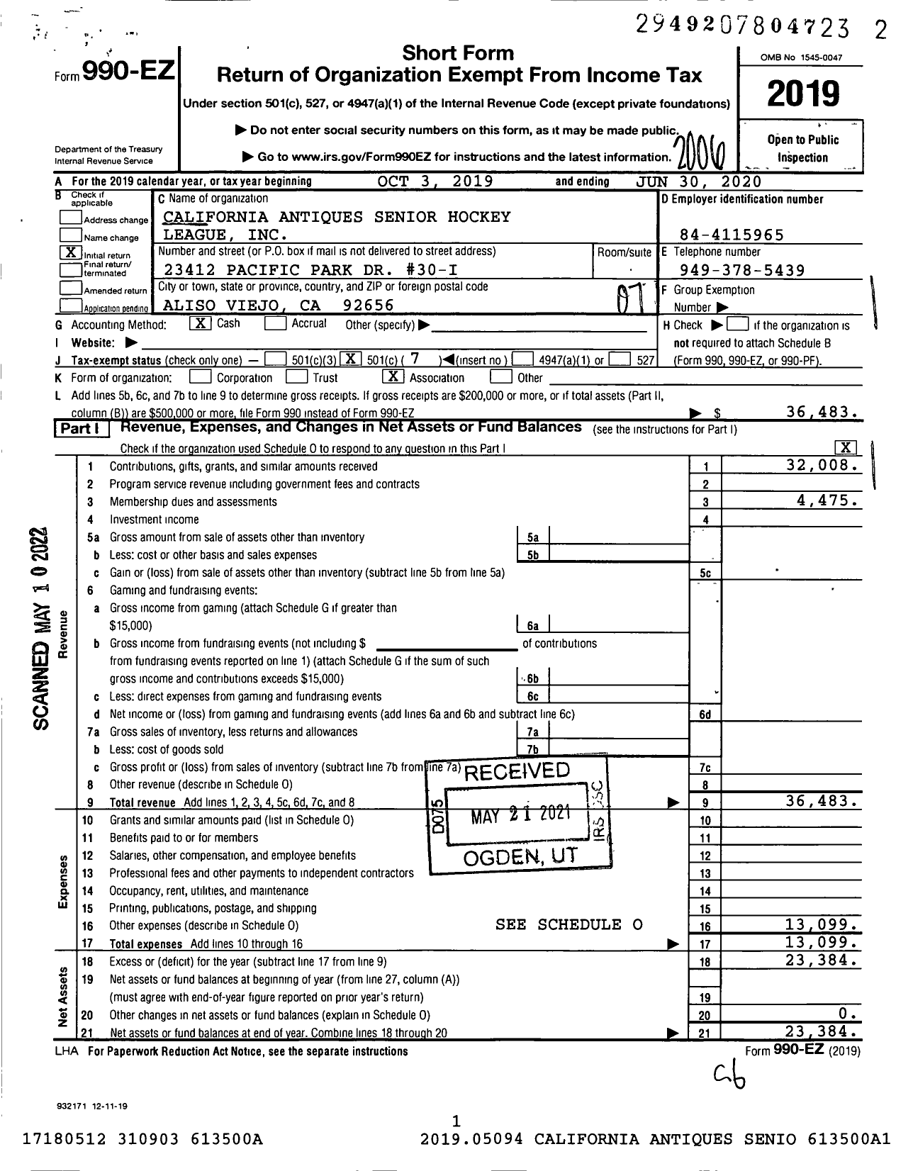 Image of first page of 2019 Form 990EO for California Antiques Senior Hockey League