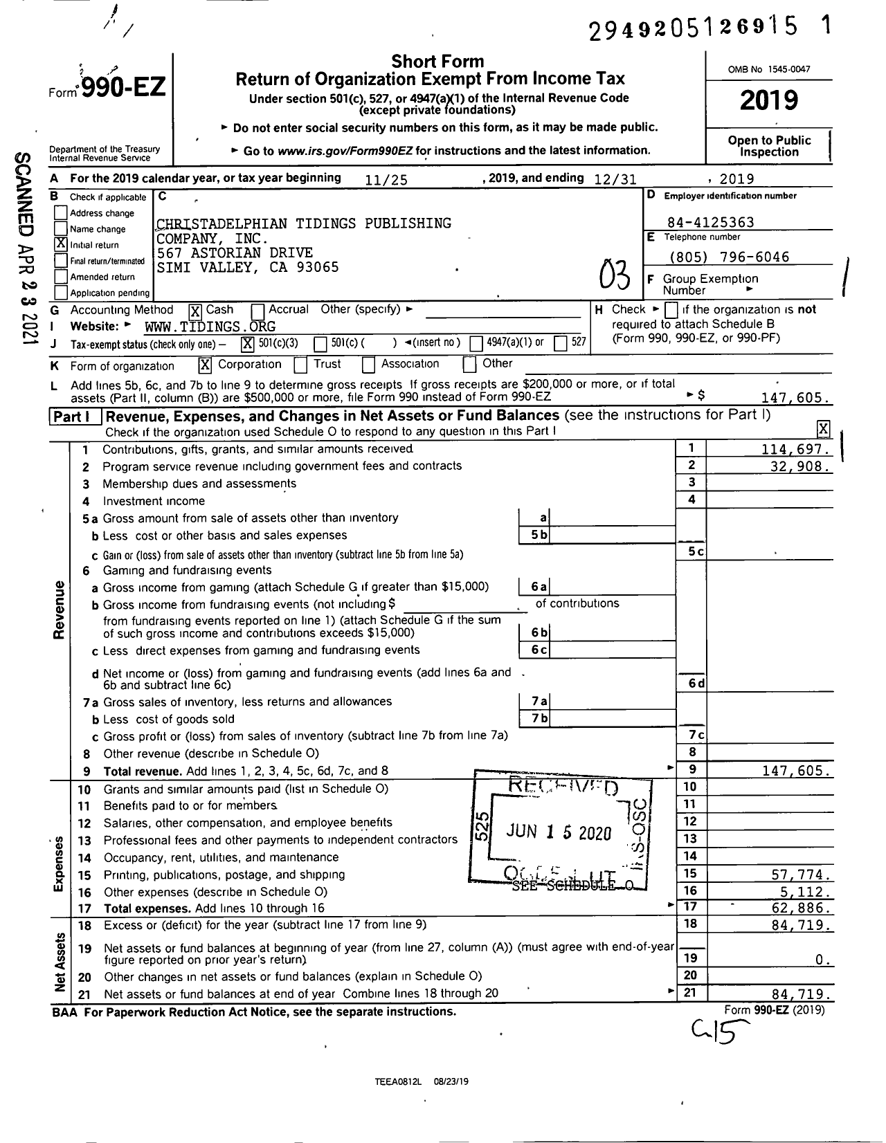 Image of first page of 2019 Form 990EZ for Christadelphian Tidings Publishing Company