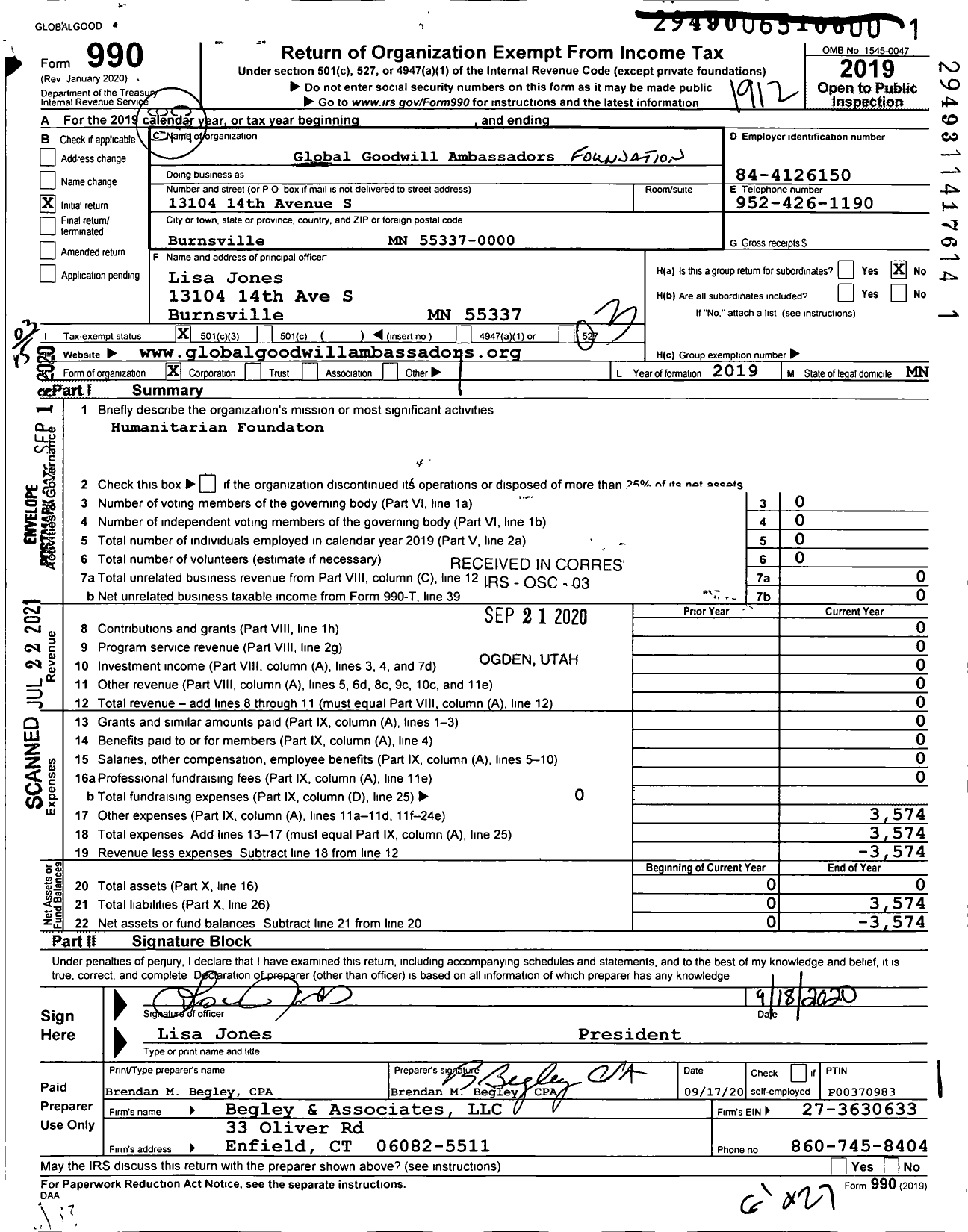 Image of first page of 2019 Form 990 for Global Goodwill Ambassadors Foundation