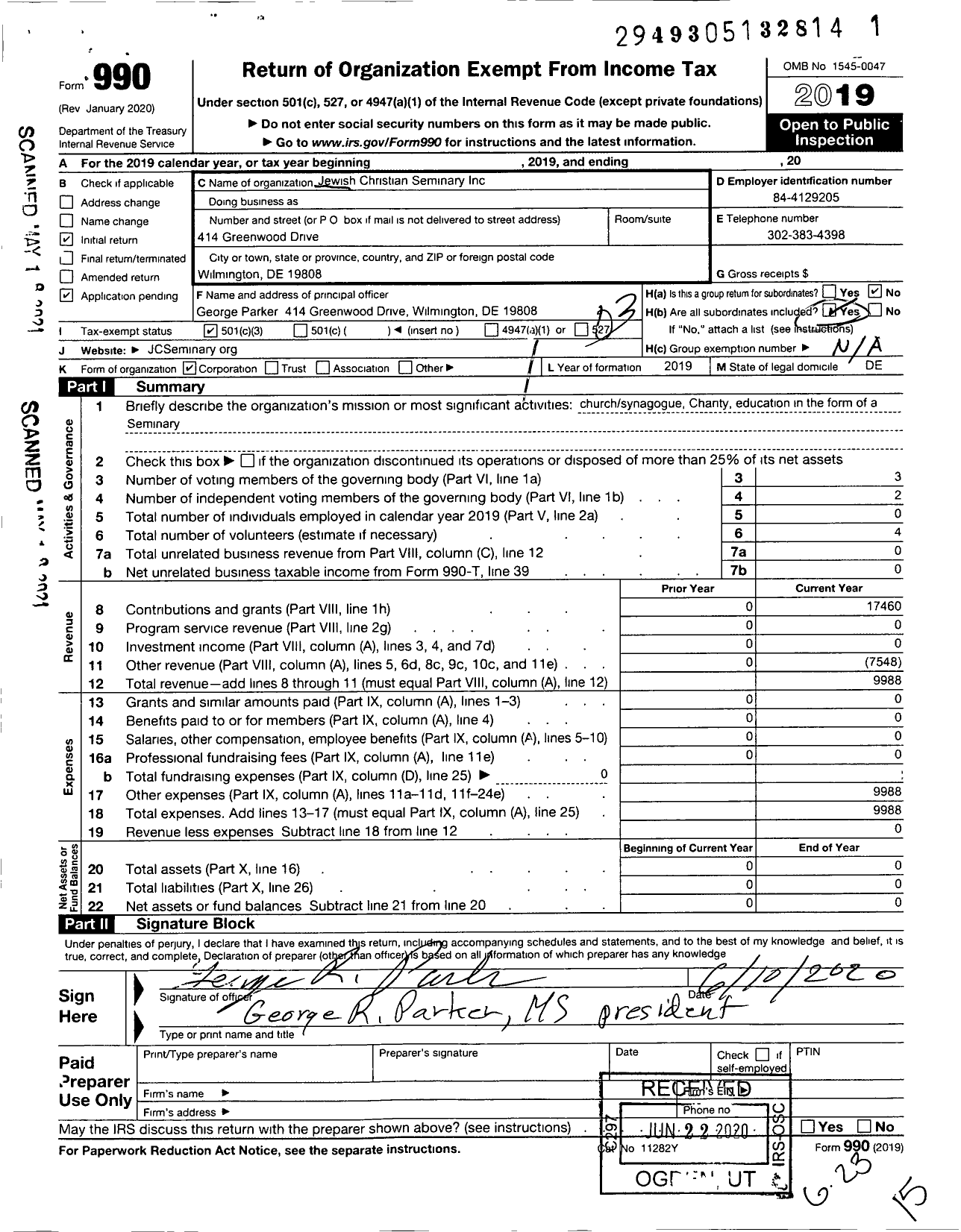 Image of first page of 2019 Form 990 for Jewish Christian Seminary of Florida