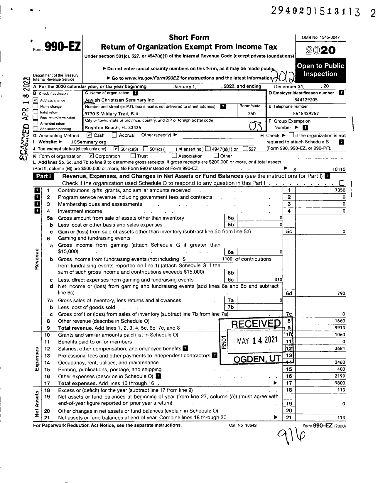 Image of first page of 2020 Form 990EZ for Jewish Christian Seminary of Florida