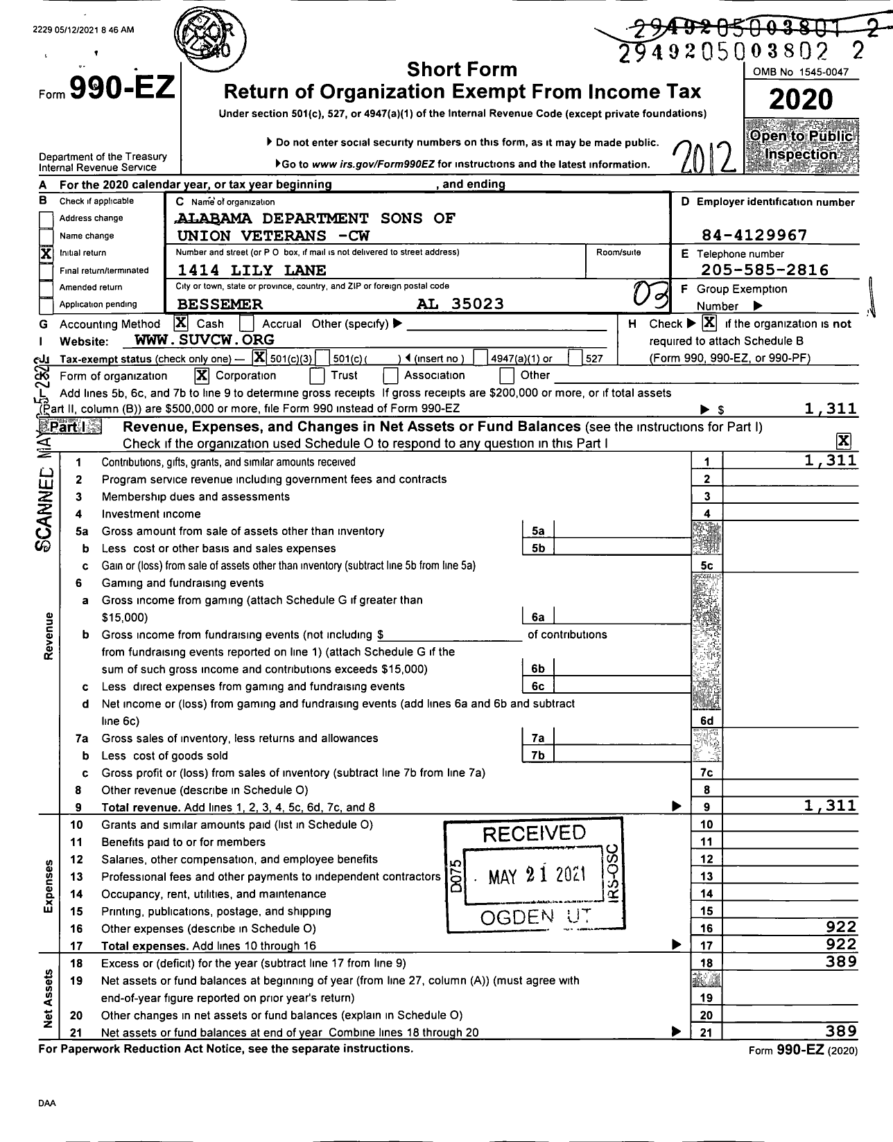 Image of first page of 2020 Form 990EZ for Sons of Union Veterans of the Civil War - Department of Alabama