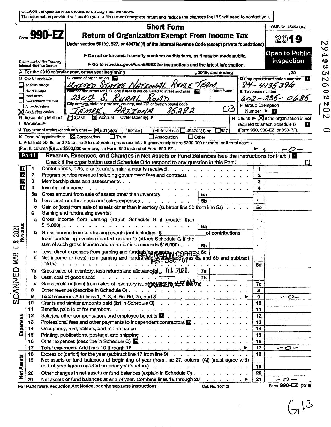 Image of first page of 2019 Form 990EZ for United States National Rifle Team