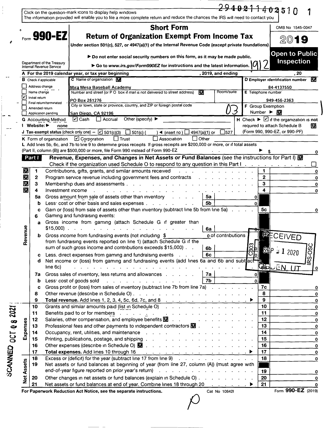 Image of first page of 2019 Form 990EZ for Mira Mesa Baseball Academy