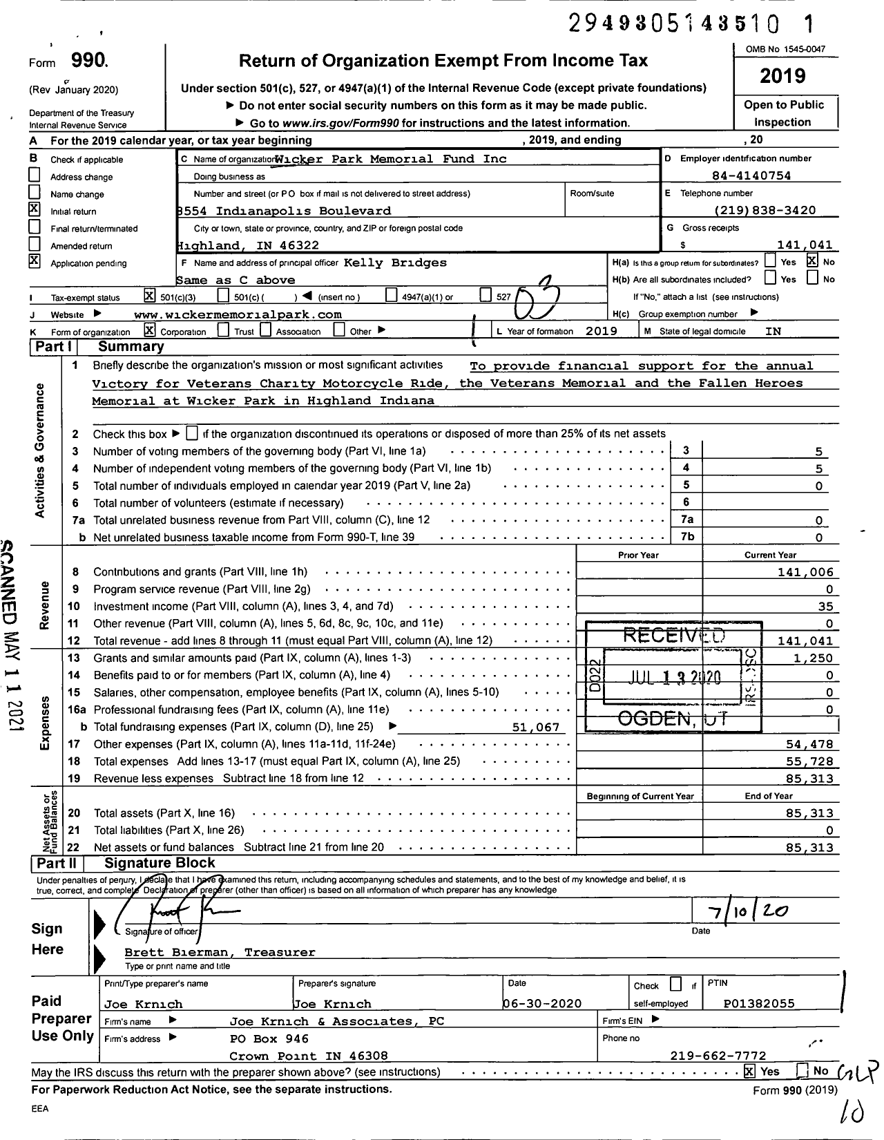 Image of first page of 2019 Form 990 for Wicker Park Memorial Fund