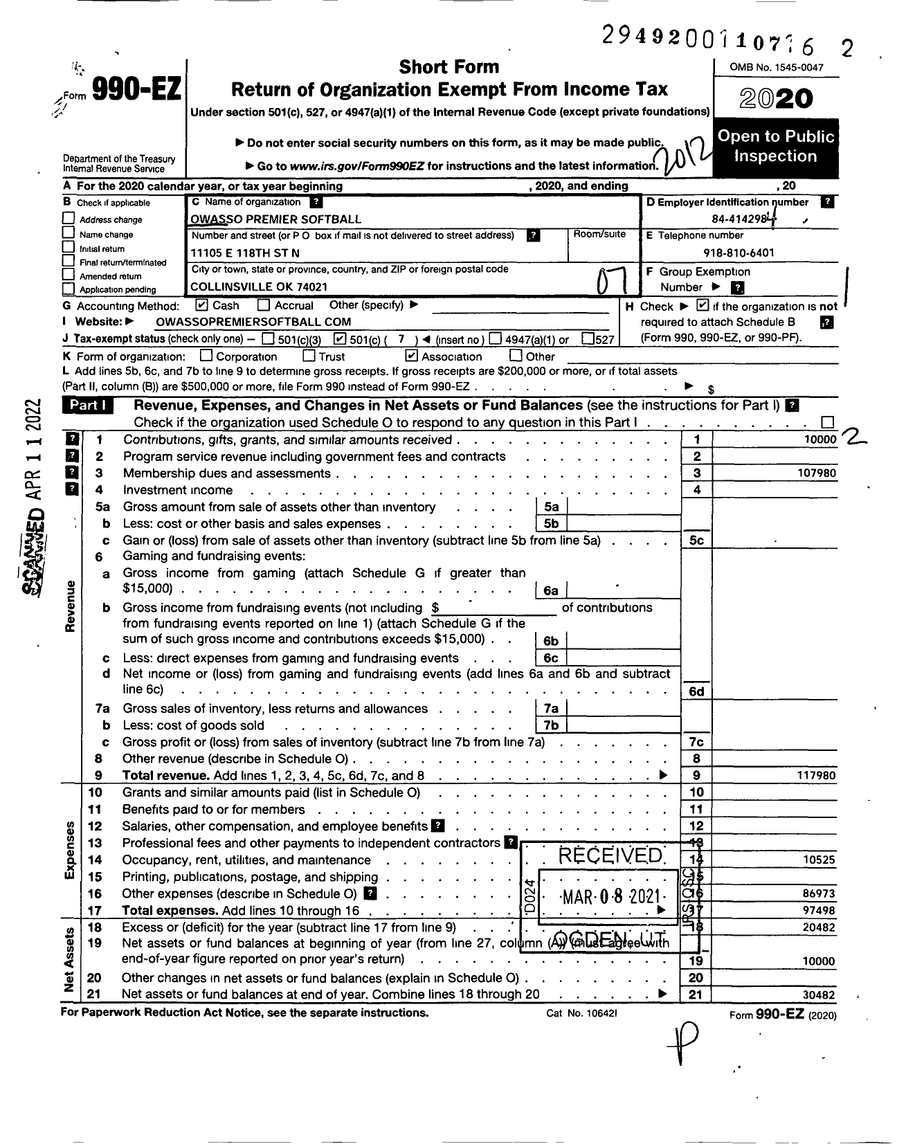 Image of first page of 2020 Form 990EO for Owasso Premier Softball