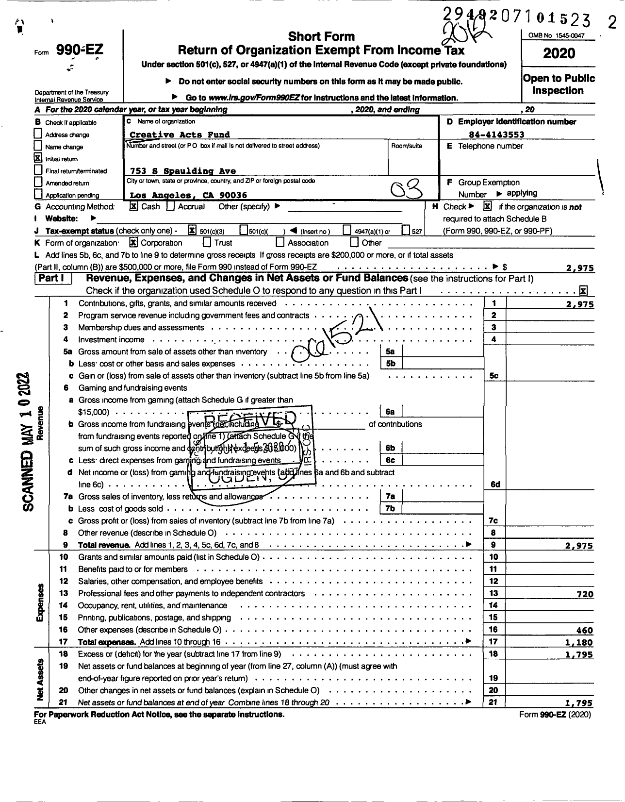 Image of first page of 2020 Form 990EZ for Creative Acts