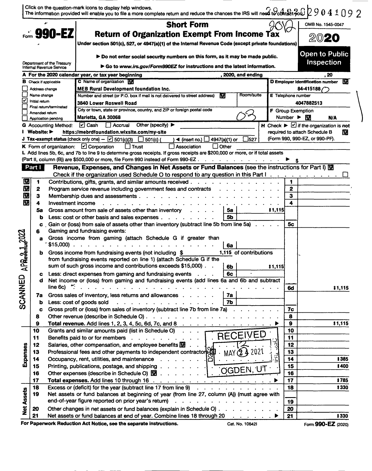 Image of first page of 2020 Form 990EZ for Meb Rural Development Foundation