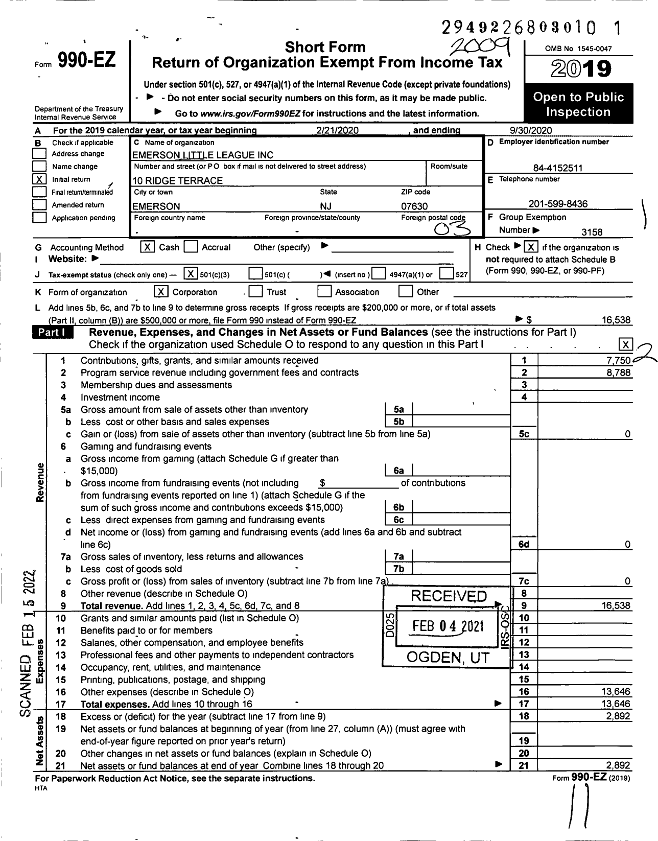 Image of first page of 2019 Form 990EZ for Little League Baseball - 317268 Emerson LL