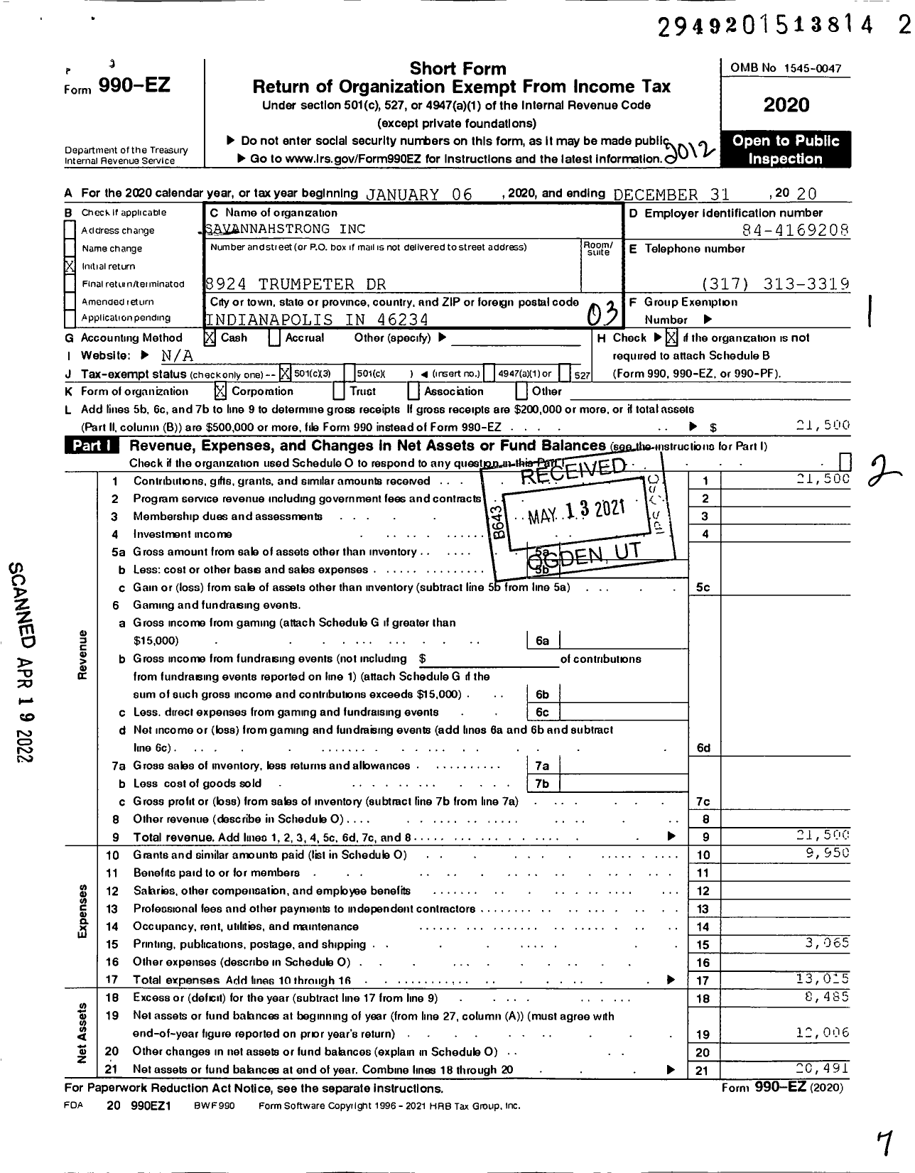 Image of first page of 2020 Form 990EZ for Savannahstrong