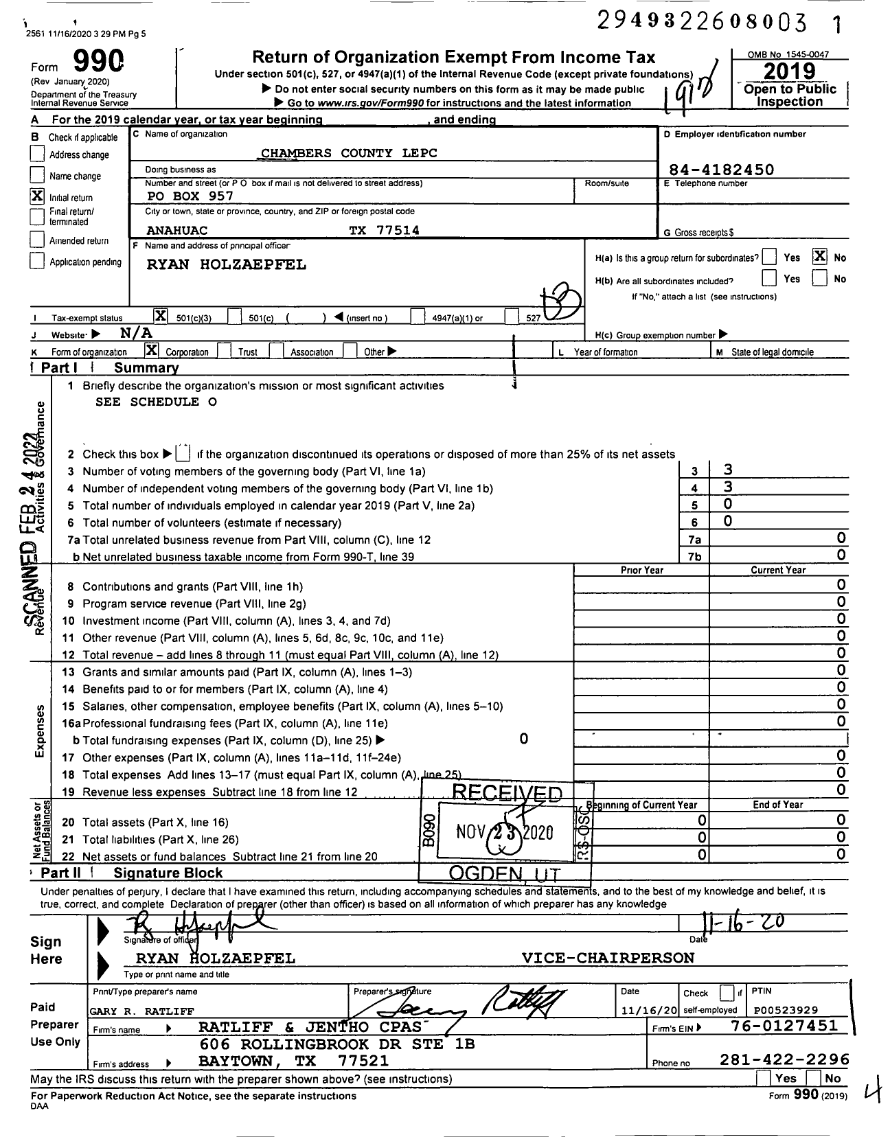 Image of first page of 2019 Form 990 for Chambers County Lepc