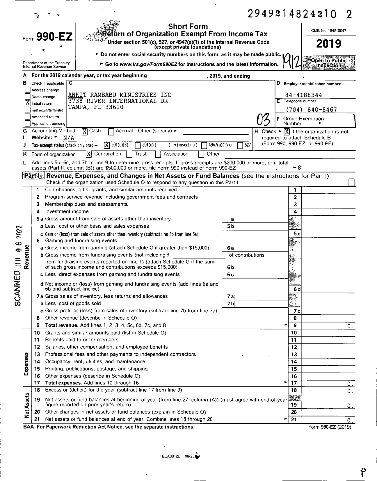 Image of first page of 2019 Form 990EZ for Ankit Rambabu Ministries