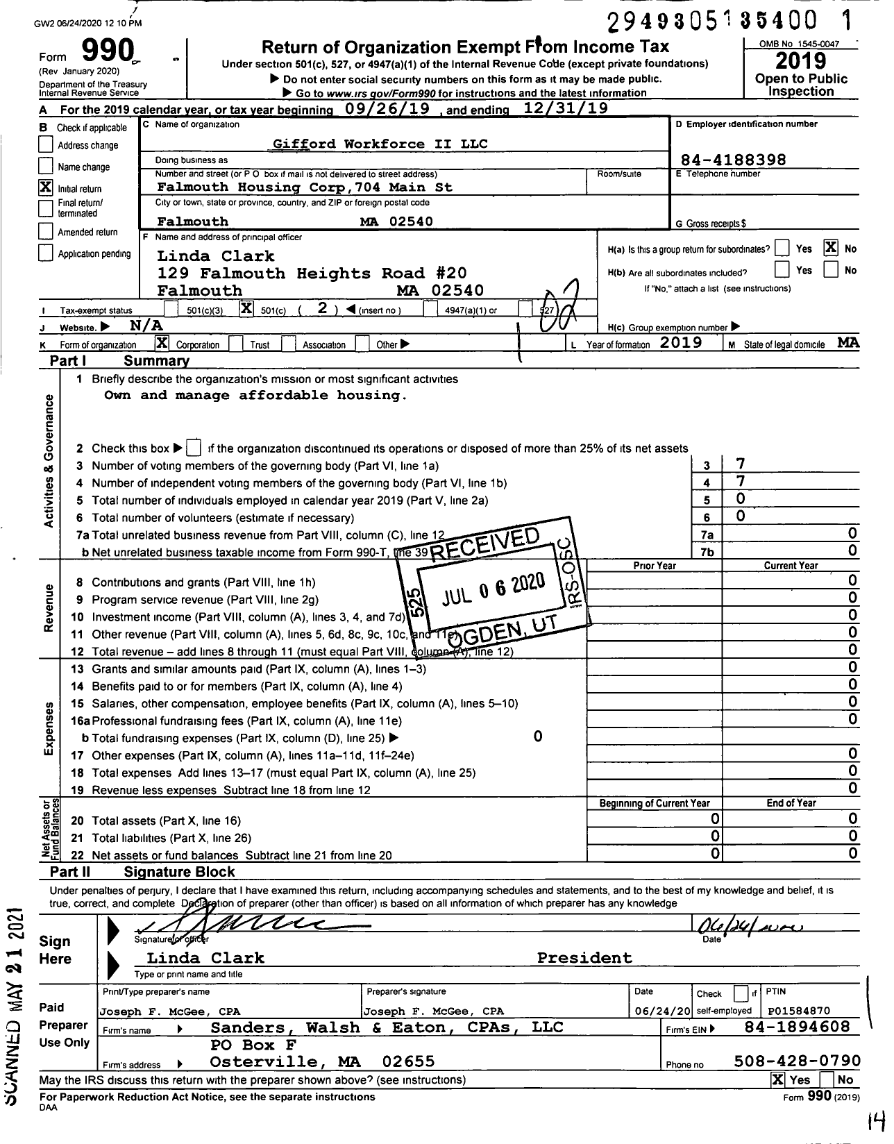 Image of first page of 2019 Form 990O for Gifford Workforce Ii LLC