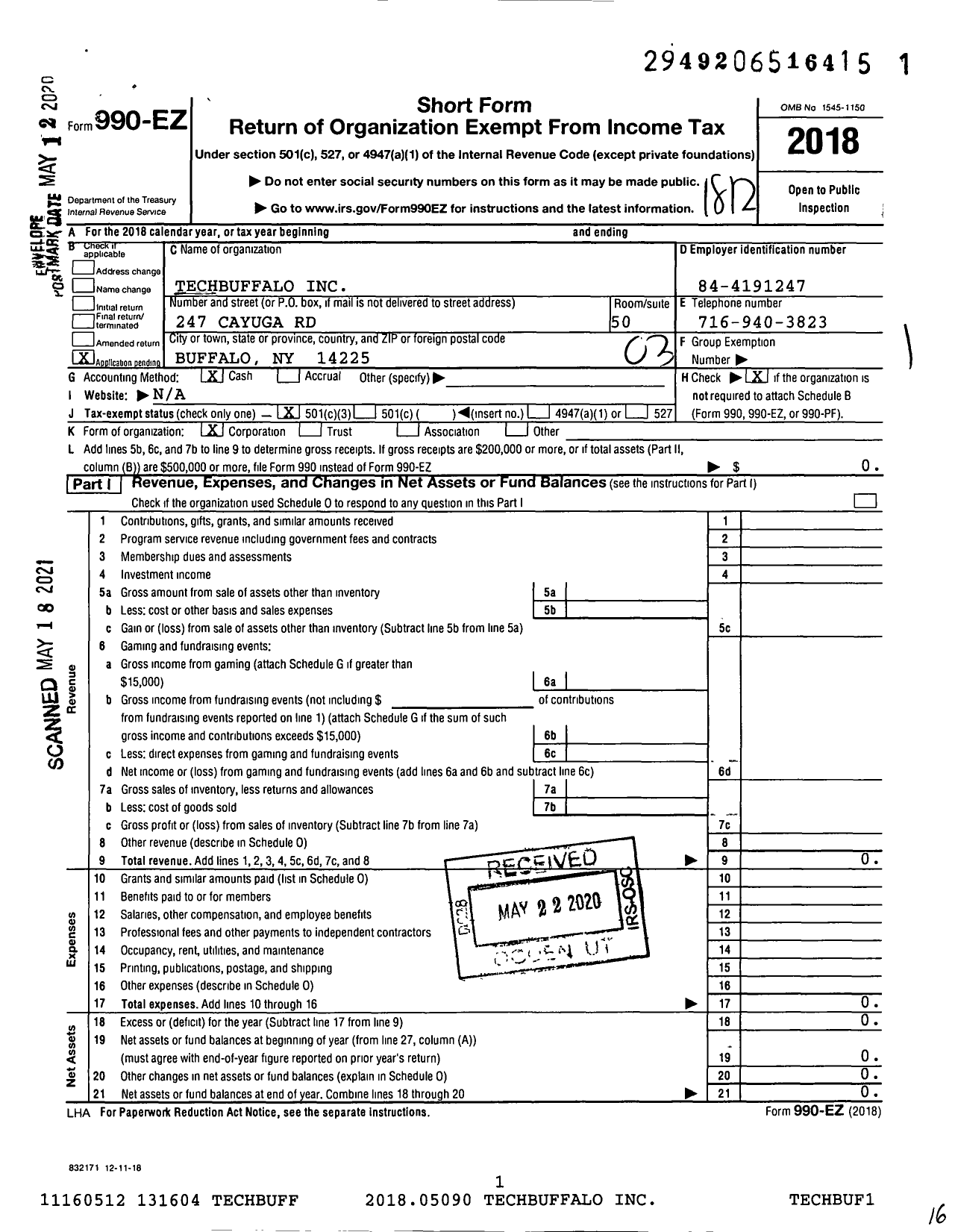 Image of first page of 2018 Form 990EZ for TechBuffalo