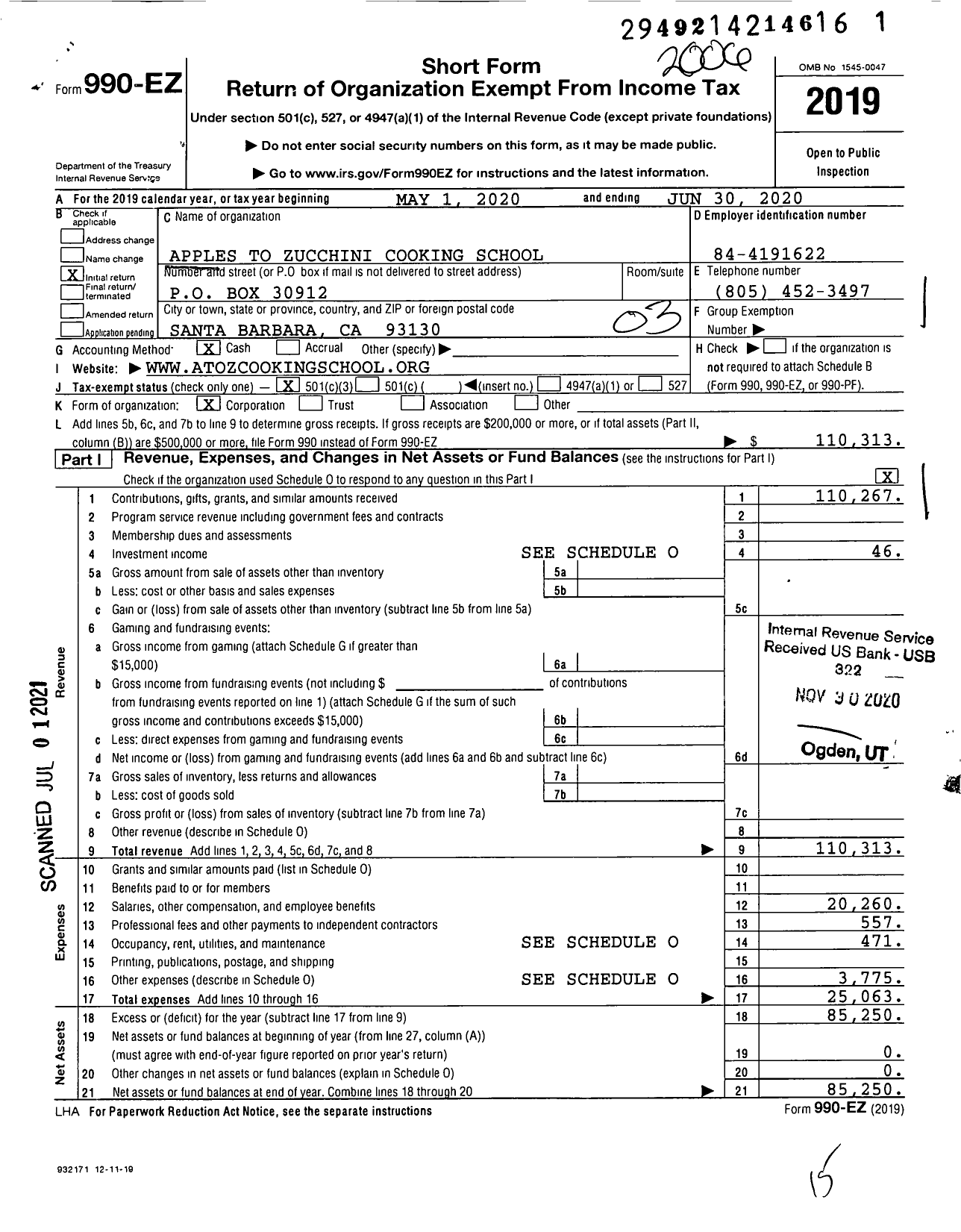 Image of first page of 2019 Form 990EZ for Apples To Zucchini Cooking School