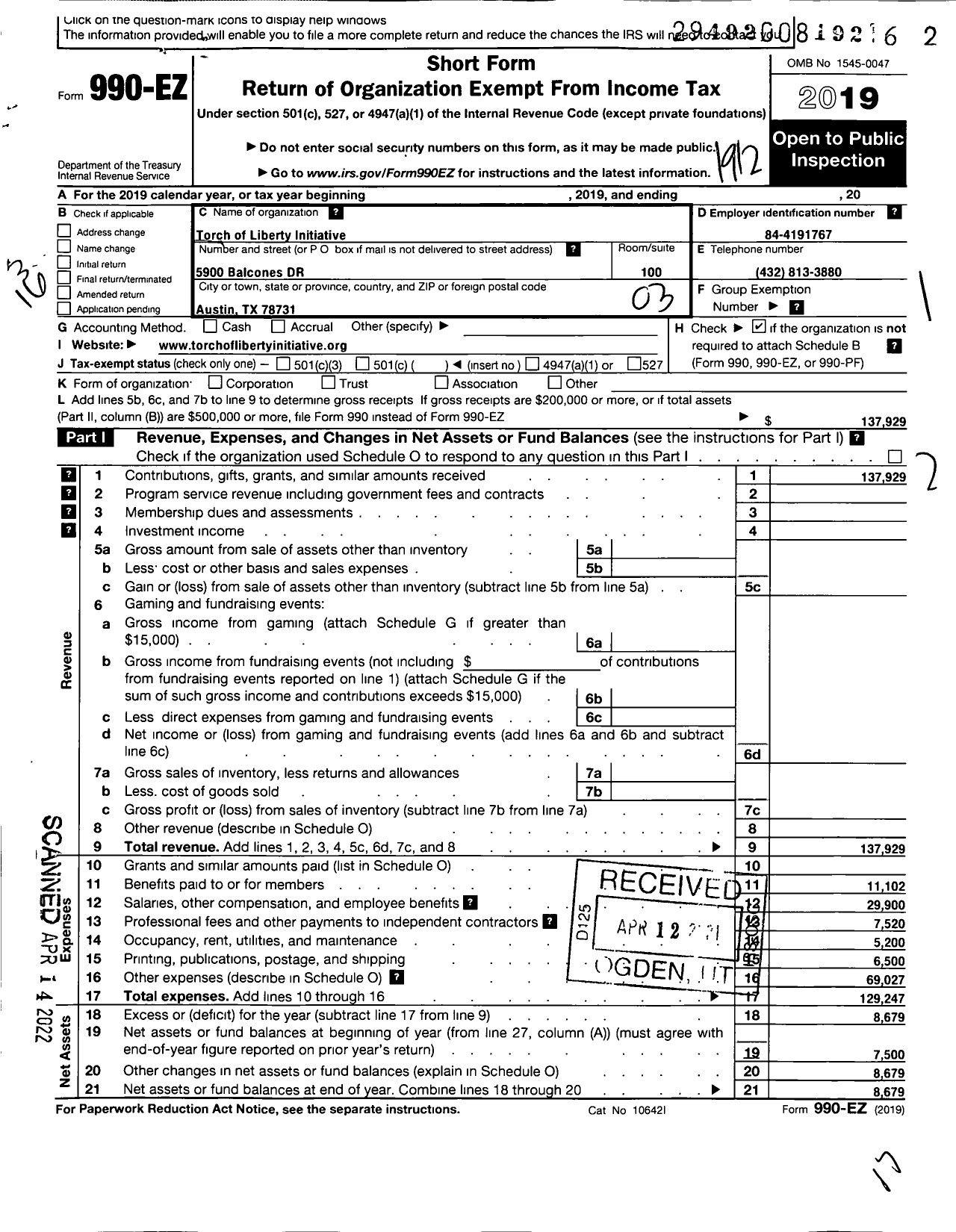 Image of first page of 2019 Form 990EZ for Torch of Liberty Initiative