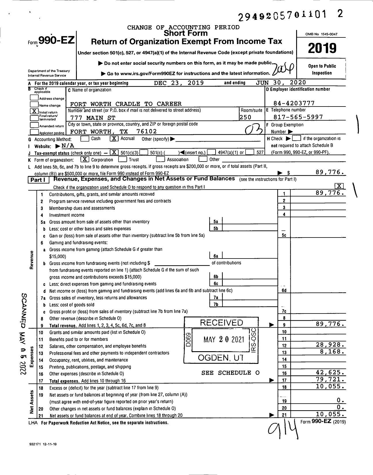 Image of first page of 2019 Form 990EZ for Tarrant To and Through Partnership