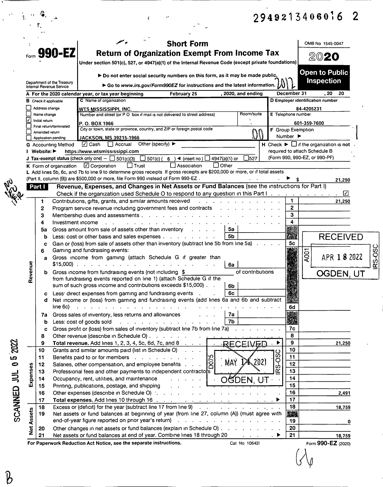 Image of first page of 2020 Form 990EO for WTS Mississippi