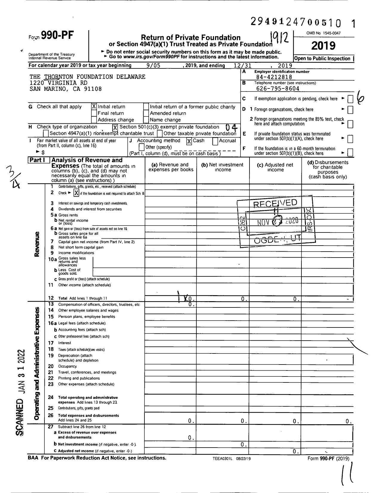 Image of first page of 2019 Form 990PF for The Thornton Foundation Delaware