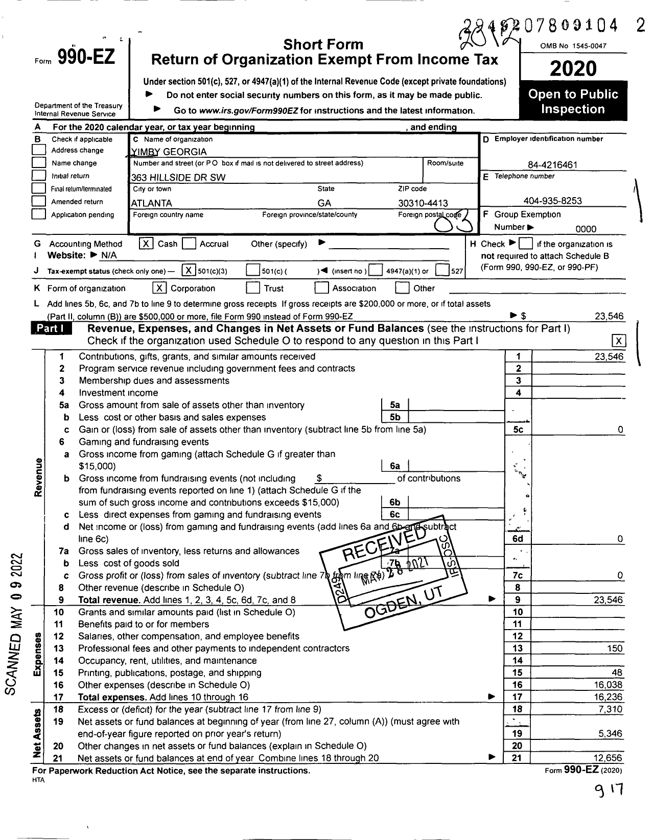 Image of first page of 2020 Form 990EZ for Yimby Georgia