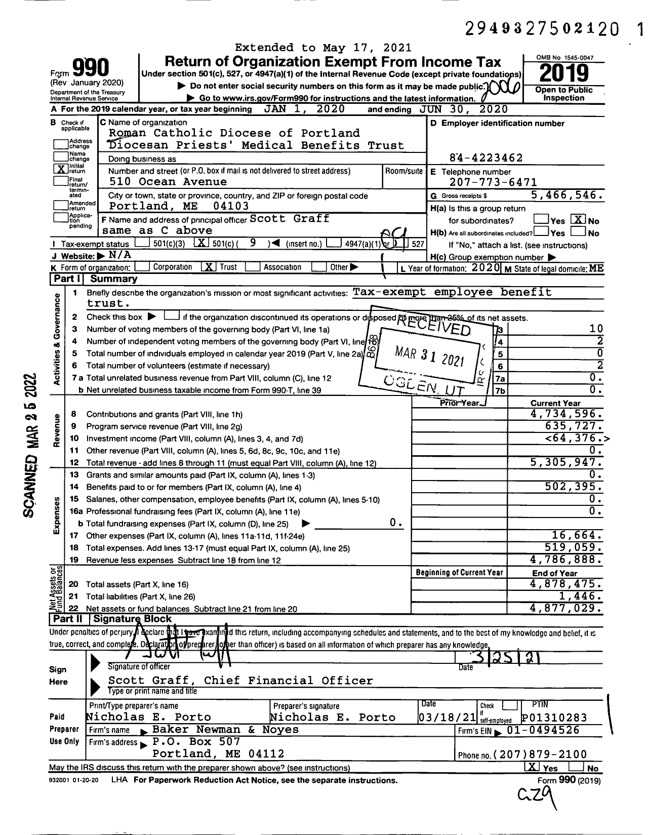 Image of first page of 2019 Form 990O for Roman Catholic Diocese of Portland Diocesan Priests' Medical Benefits Trust