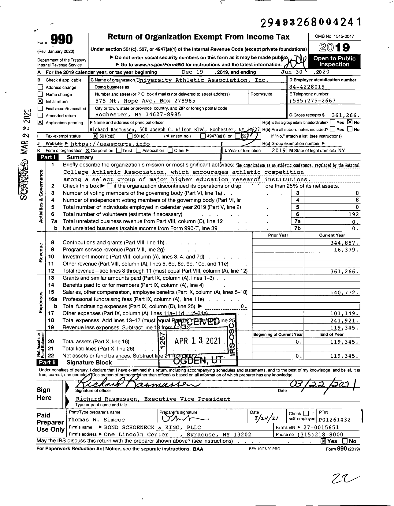 Image of first page of 2019 Form 990 for University Athletic Association