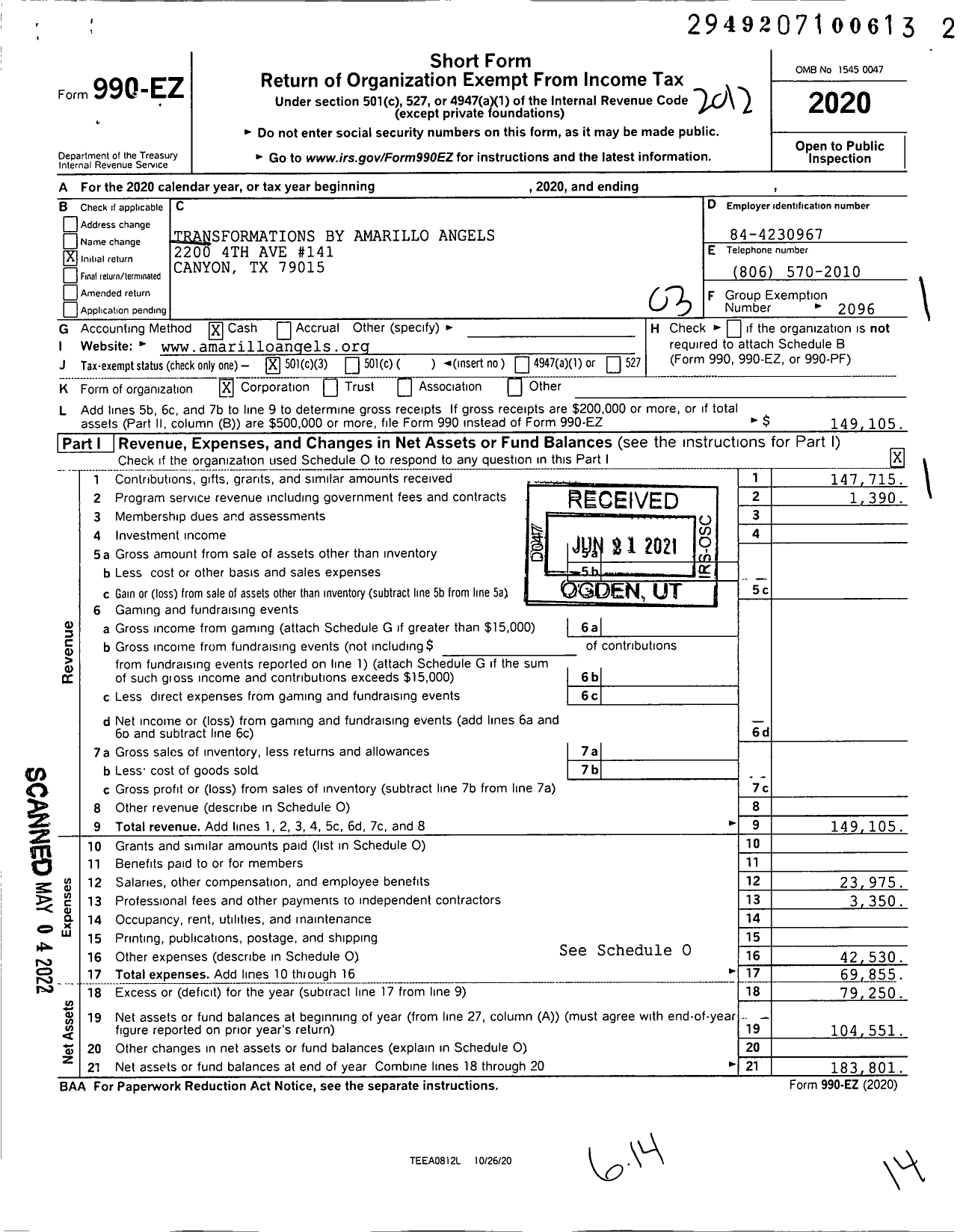 Image of first page of 2020 Form 990EZ for Transformations By Amarillo Angels