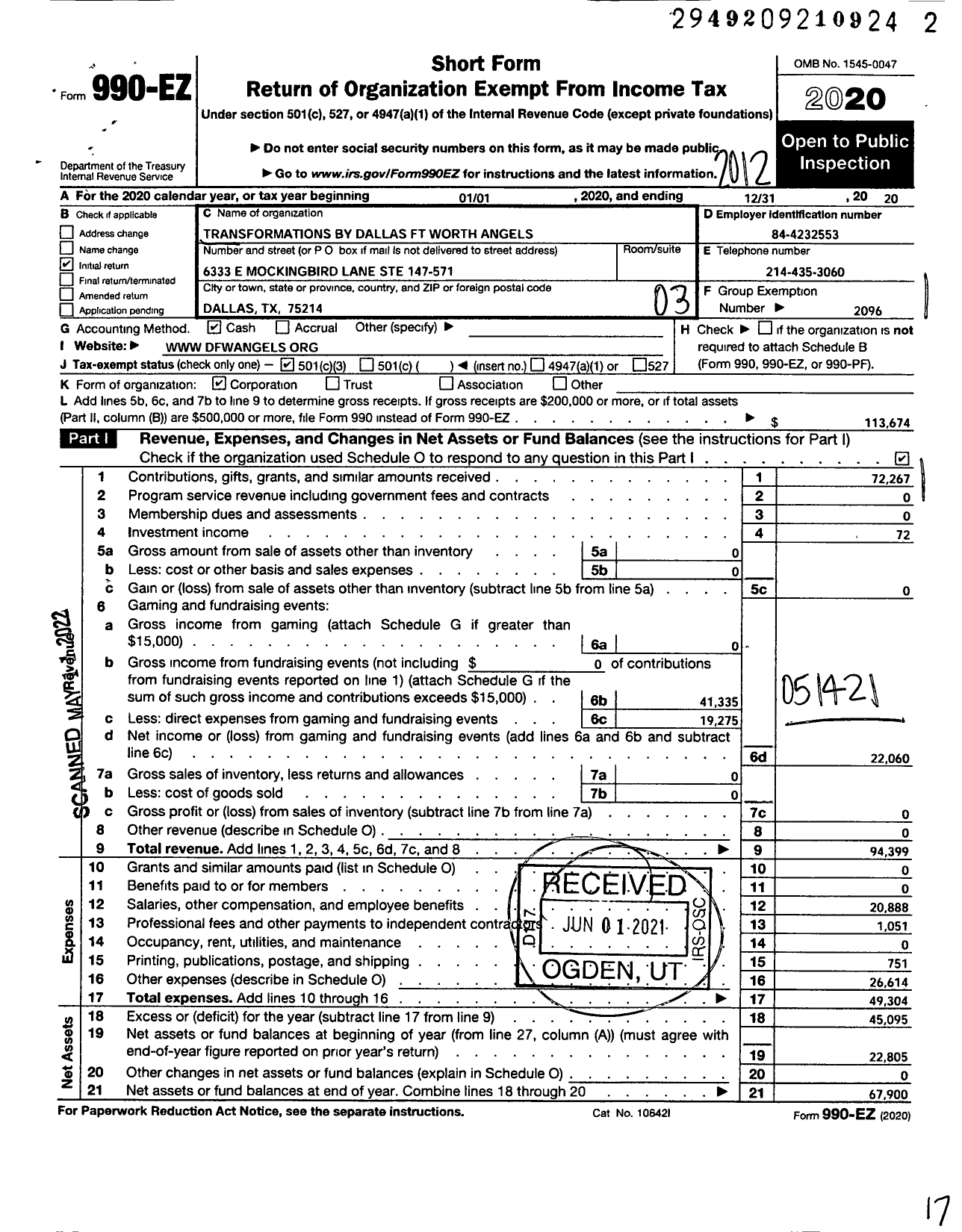 Image of first page of 2020 Form 990EZ for Transformations By Dallas - Fort Worth Angels