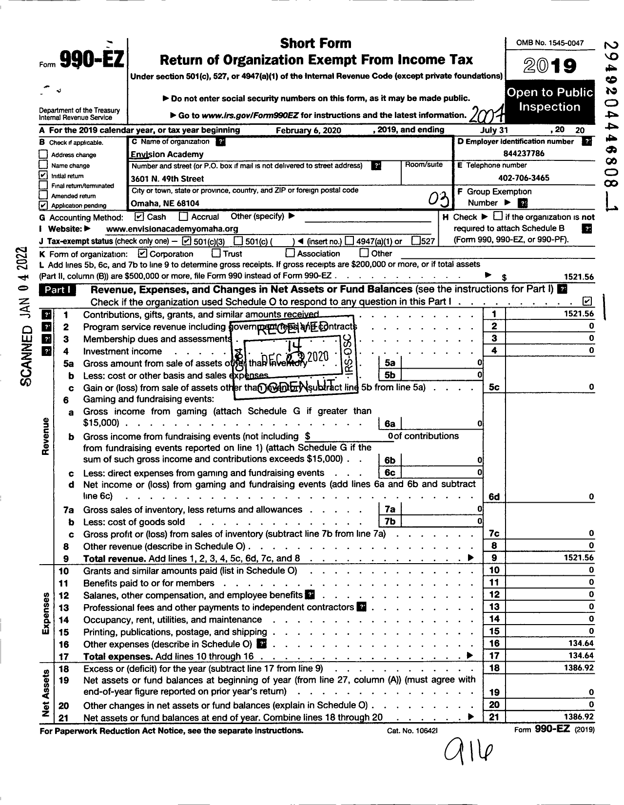 Image of first page of 2019 Form 990EZ for Envision Academy