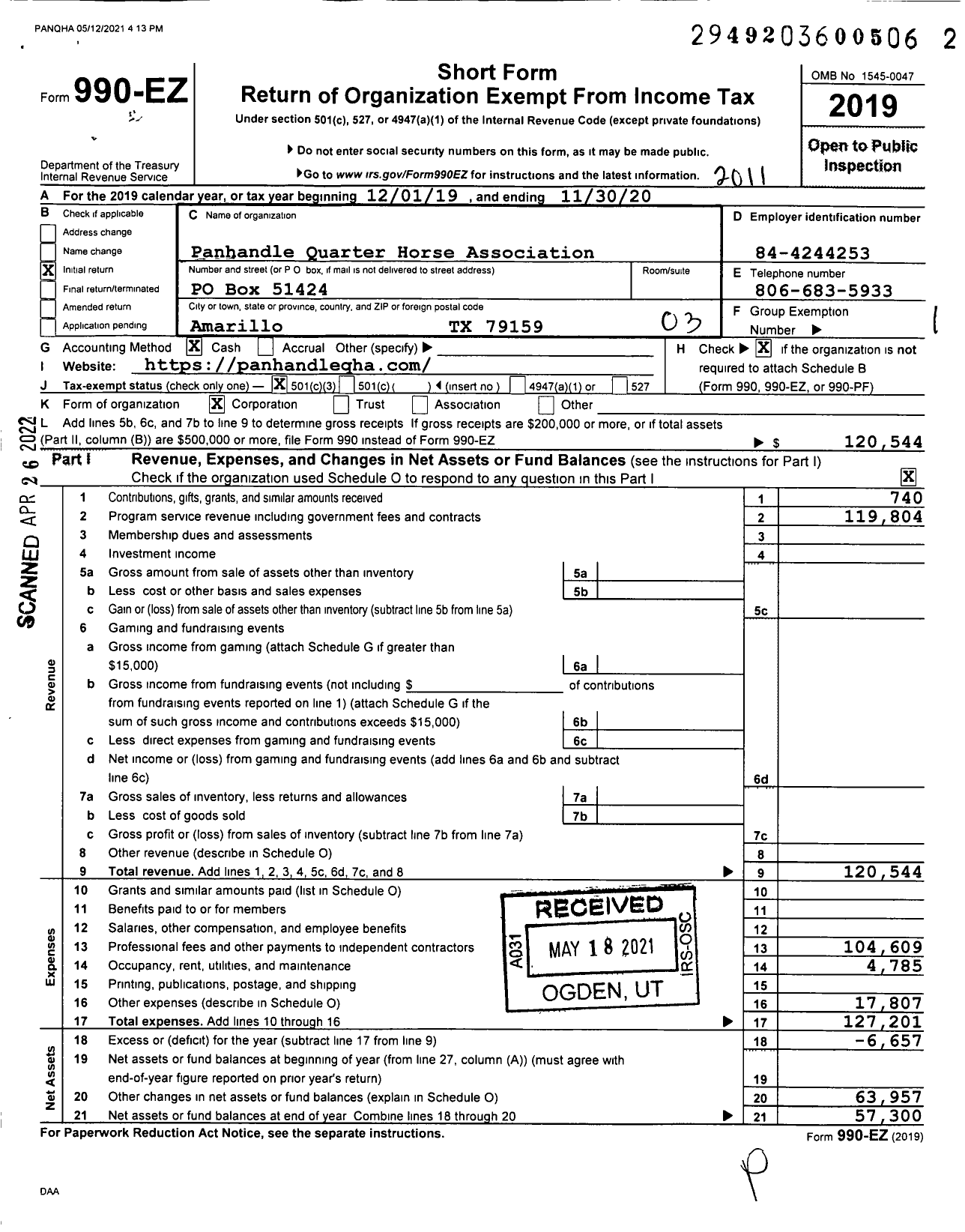 Image of first page of 2019 Form 990EZ for Panhandle Quarter Horse Association