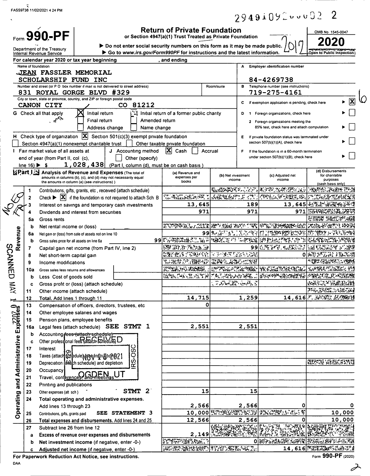 Image of first page of 2020 Form 990PF for Jean Fassler Memorial Scholarship Fund