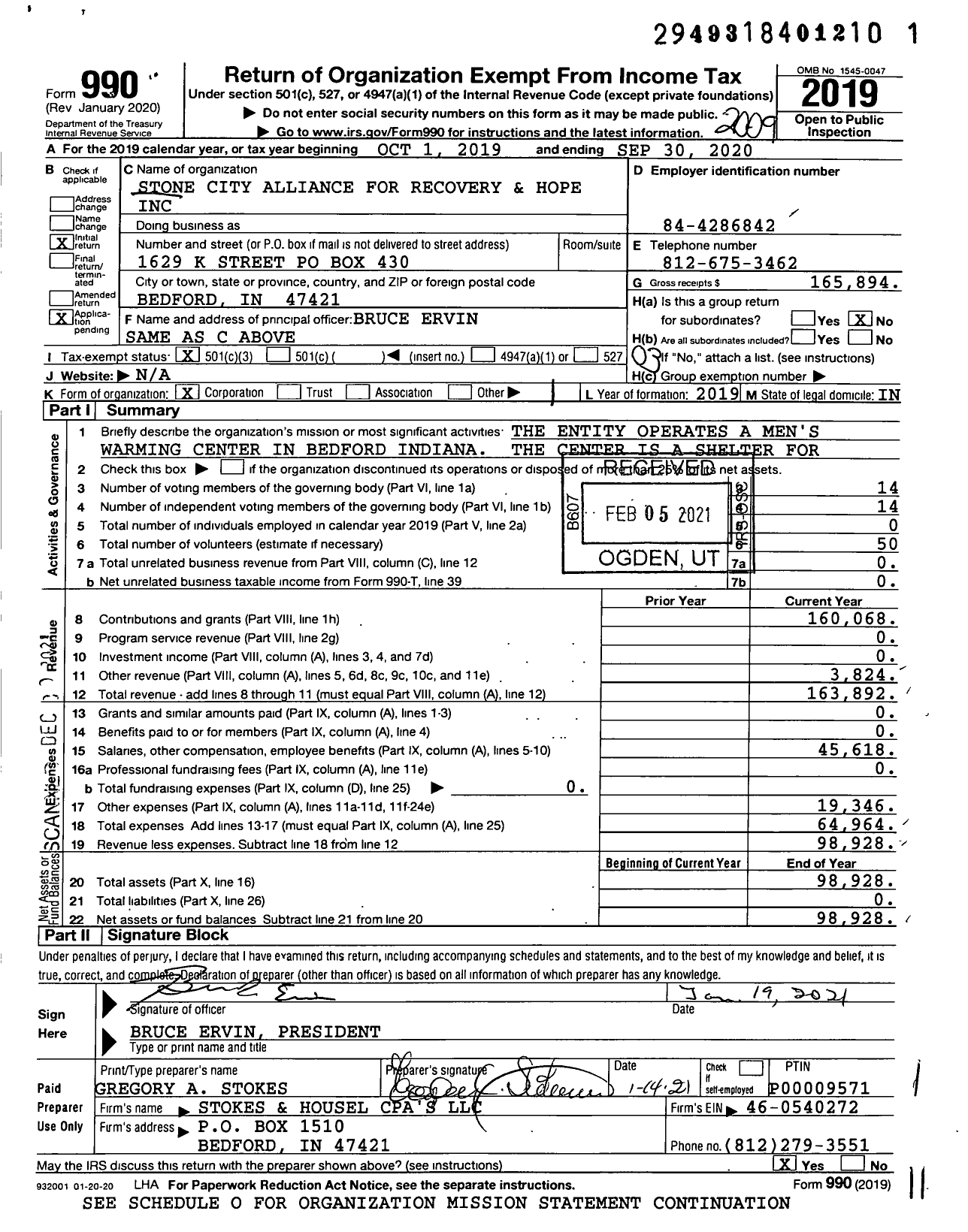 Image of first page of 2019 Form 990 for Stone City Alliance for Recovery and Hope