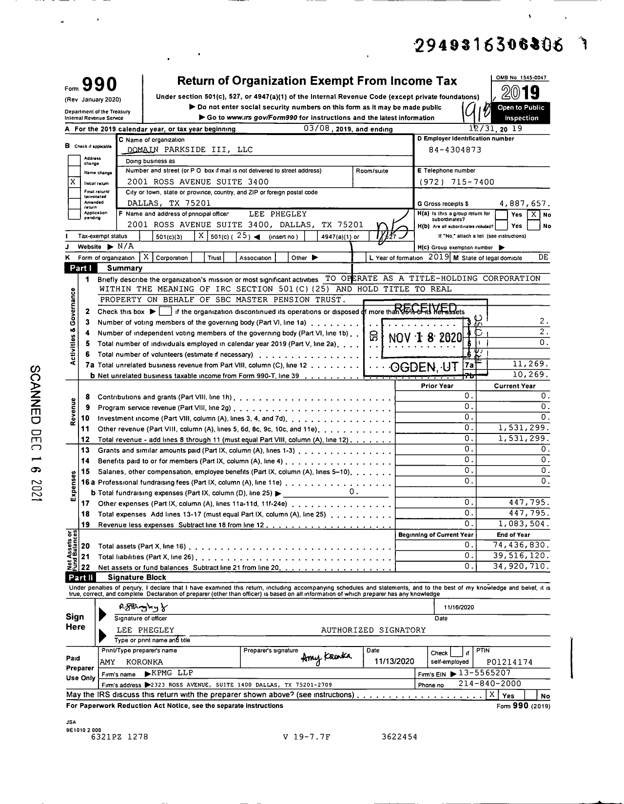 Image of first page of 2019 Form 990O for Domain Parkside Iii LLC