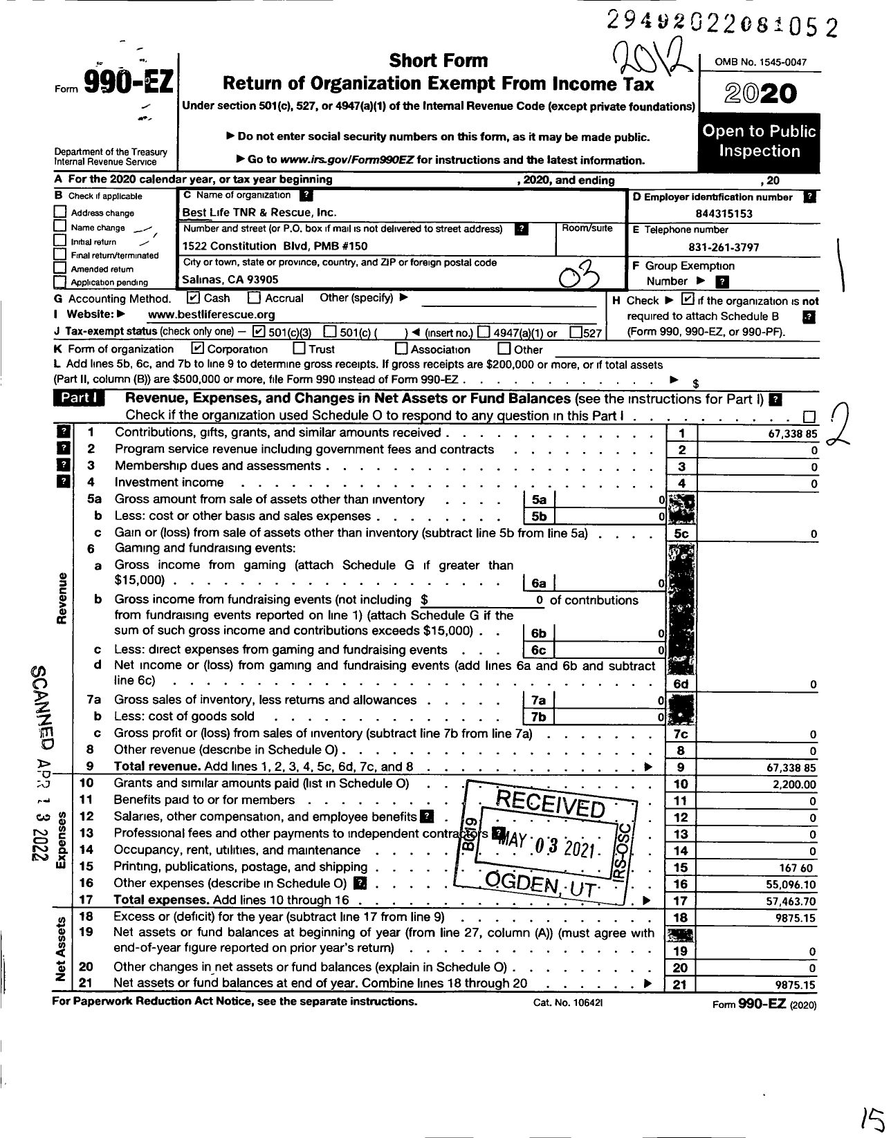 Image of first page of 2020 Form 990EZ for Best Life TNR and Rescue