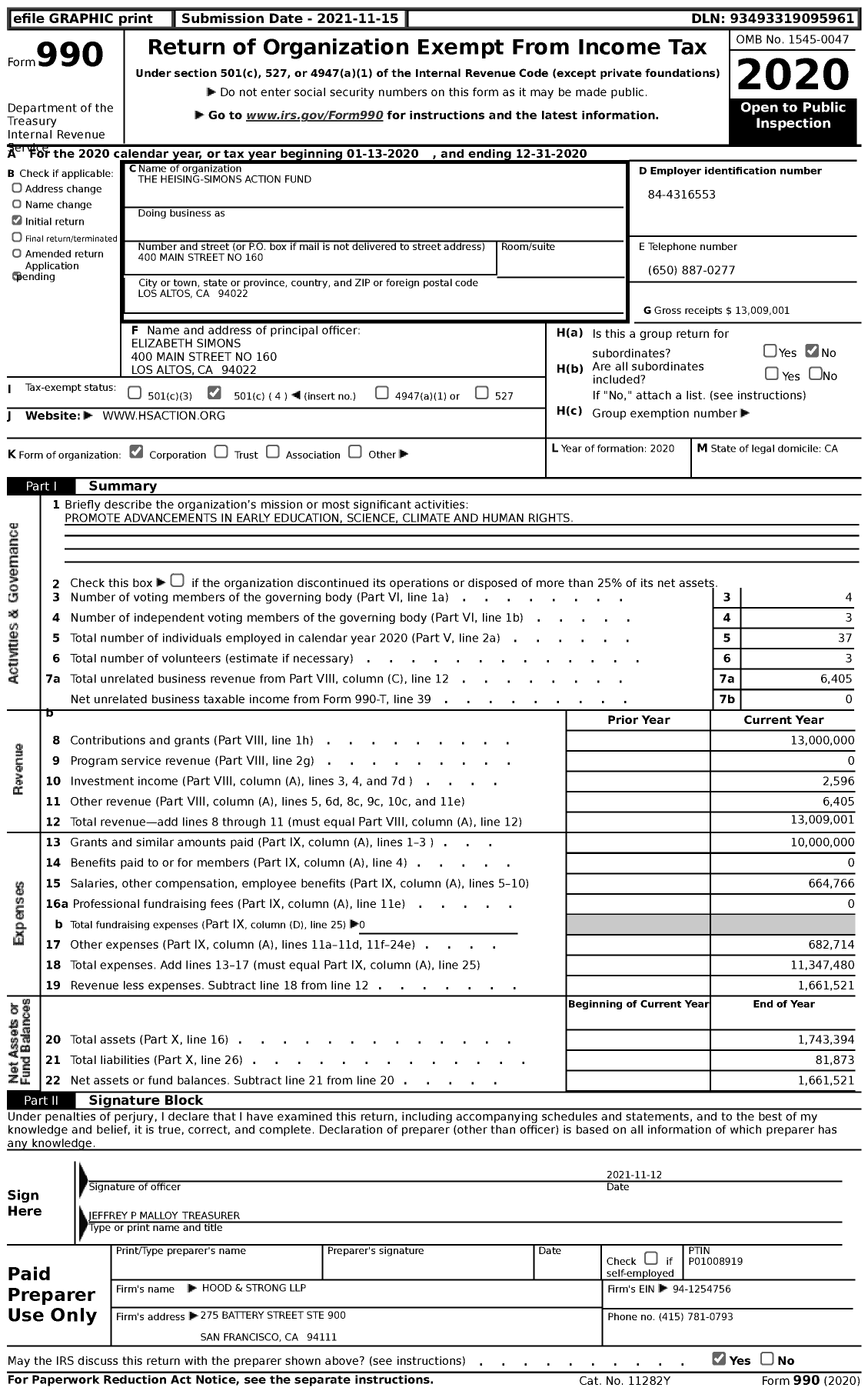 Image of first page of 2020 Form 990 for The Heising-Simons Action Fund