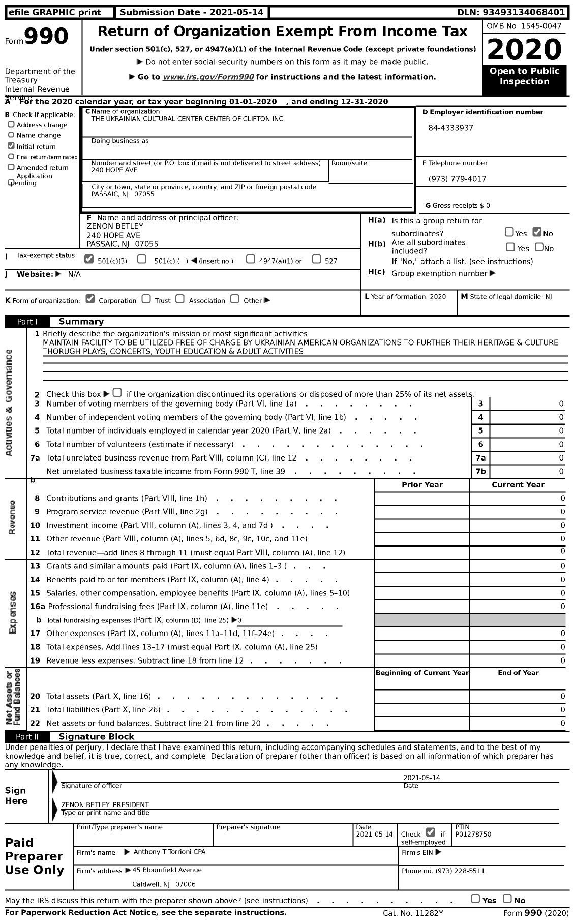 Image of first page of 2020 Form 990 for The Ukrainian Cultural Center of Clifton