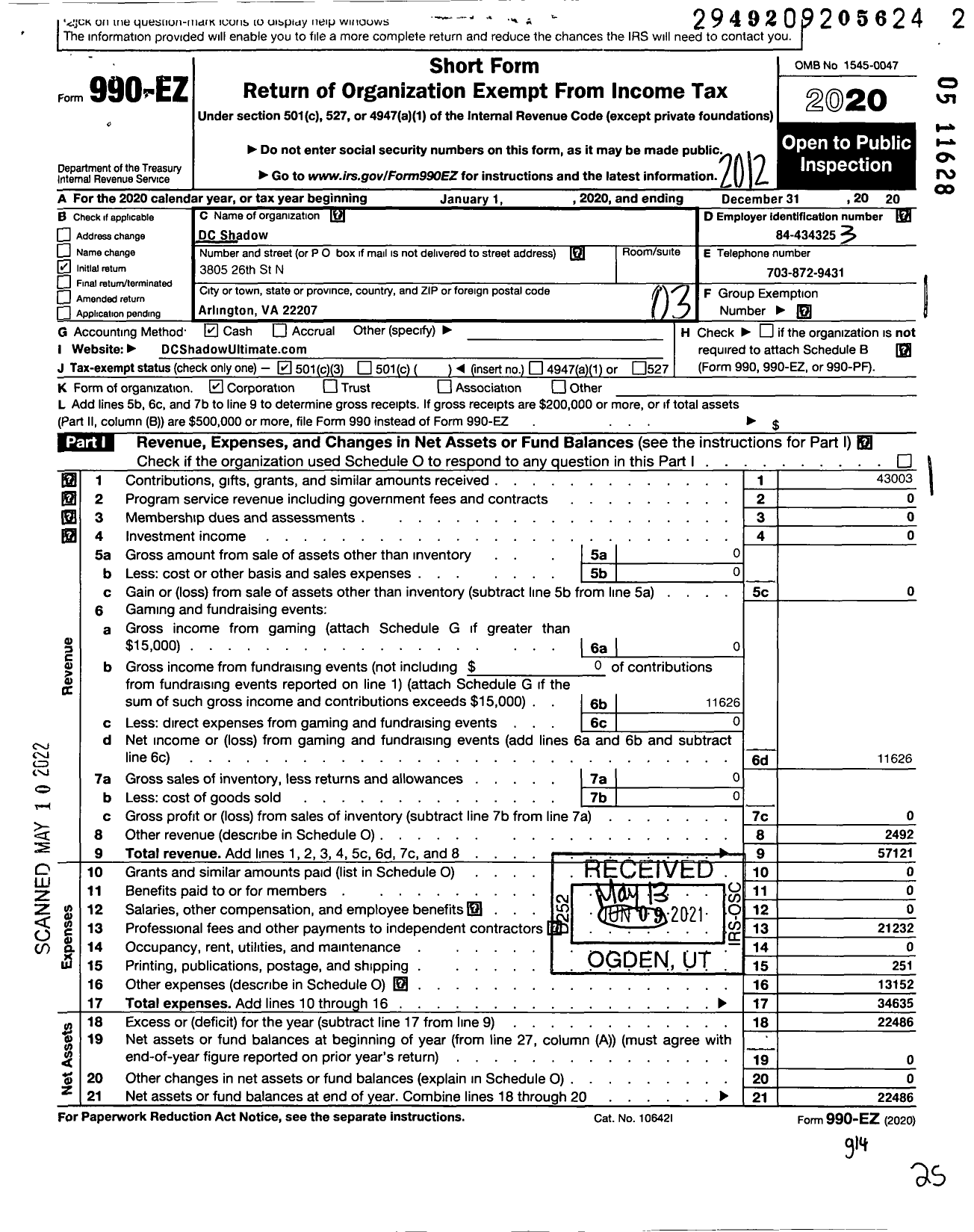 Image of first page of 2020 Form 990EZ for DC Shadow Ultimate