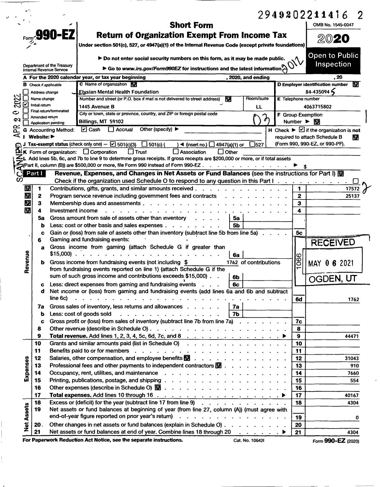 Image of first page of 2020 Form 990EZ for Elysian Mental Health Foundation