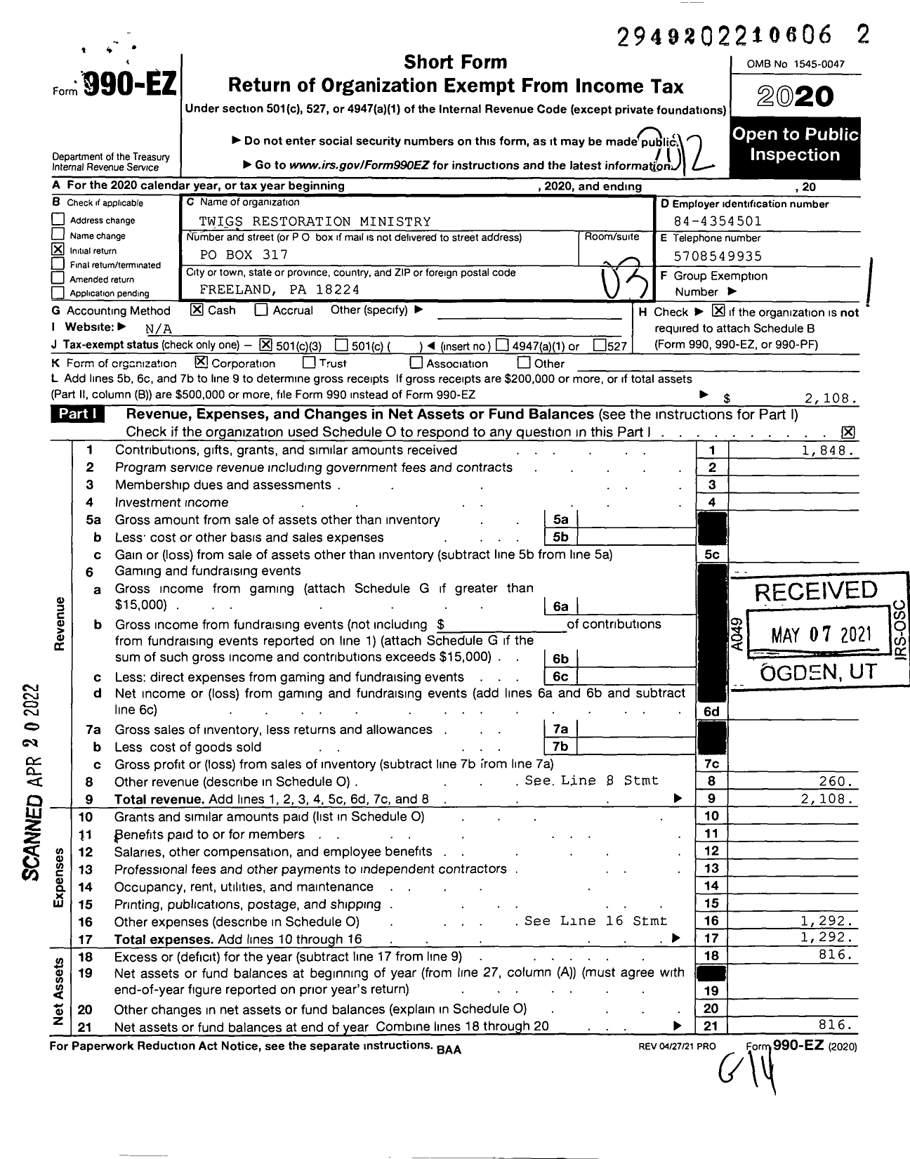 Image of first page of 2020 Form 990EZ for Twigs Restoration Ministry